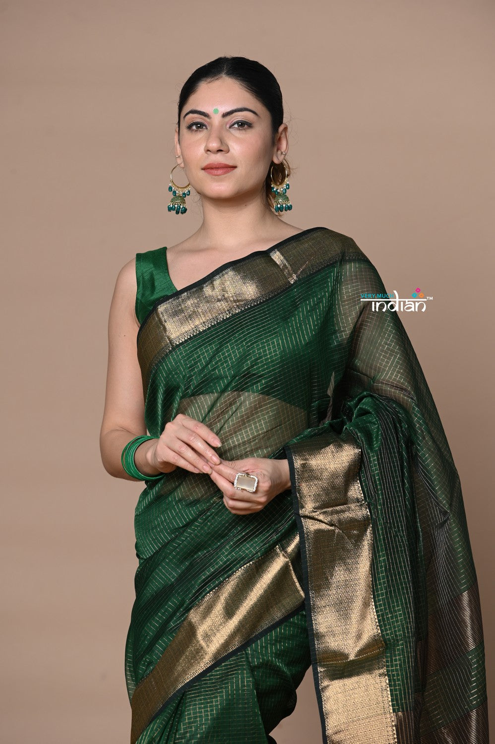 Very Much Indian Rajsi - Handloom Ari Checks Cotton Silk Saree with Golden Border - Dark Green | Swadesiicart