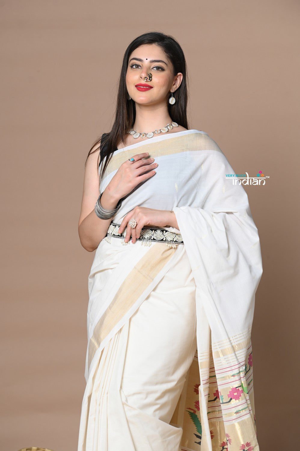 Very Much Indian Rajsi - Handloom Pure Cotton Paithani With Asawali Pallu - White Golden | Swadesiicart