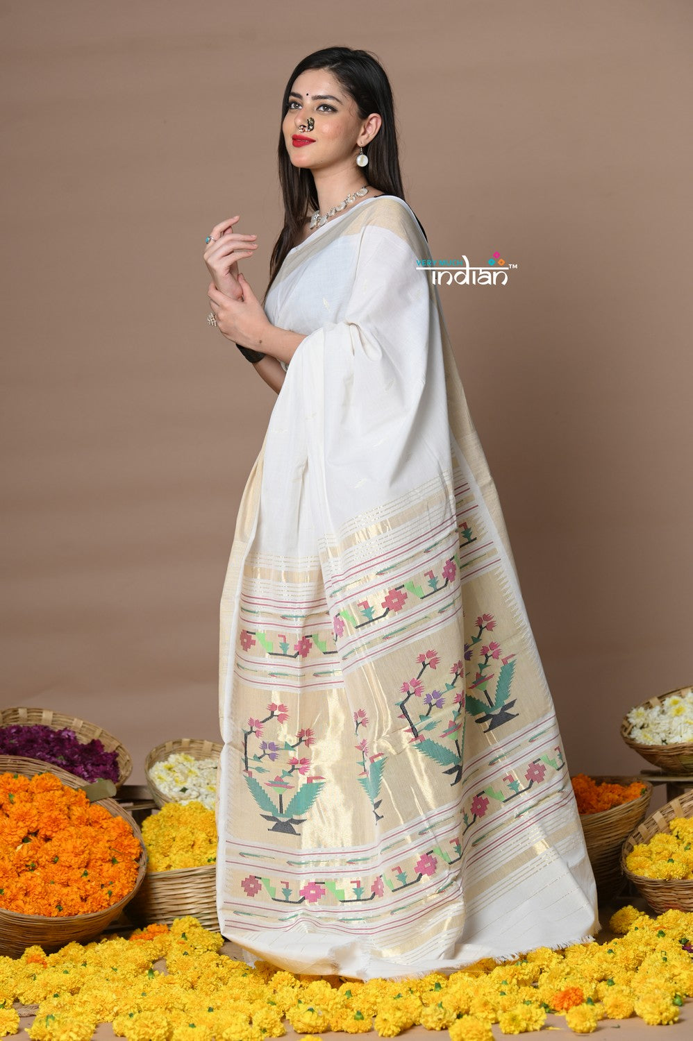 Very Much Indian Rajsi - Handloom Pure Cotton Paithani With Asawali Pallu - White Golden | Swadesiicart