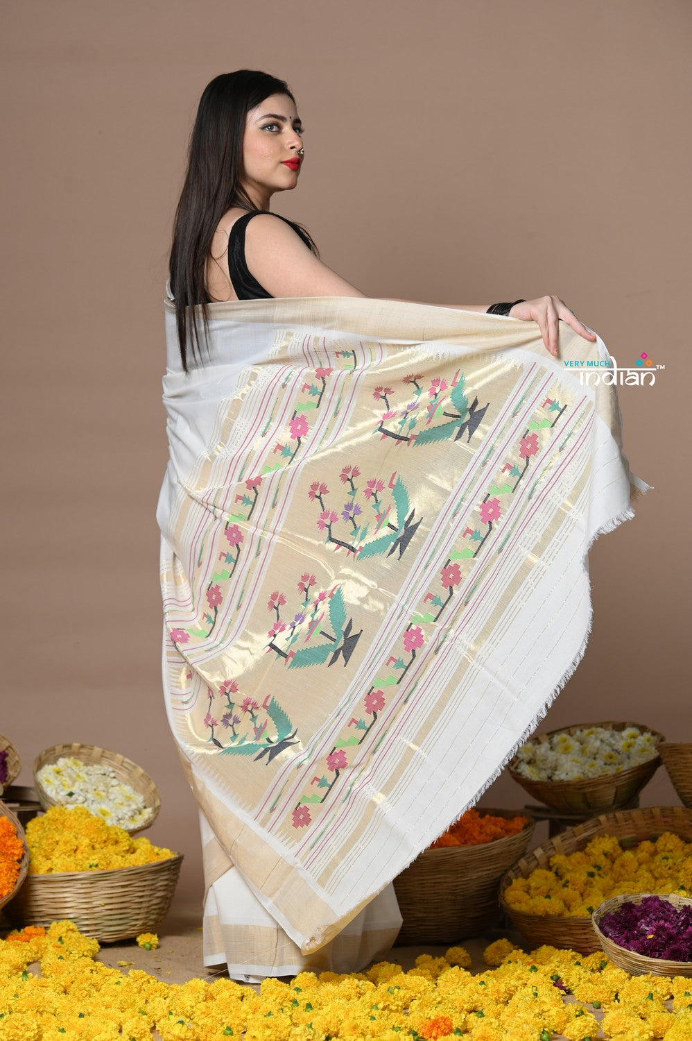 Very Much Indian Rajsi - Handloom Pure Cotton Paithani With Asawali Pallu - White Golden | Swadesiicart