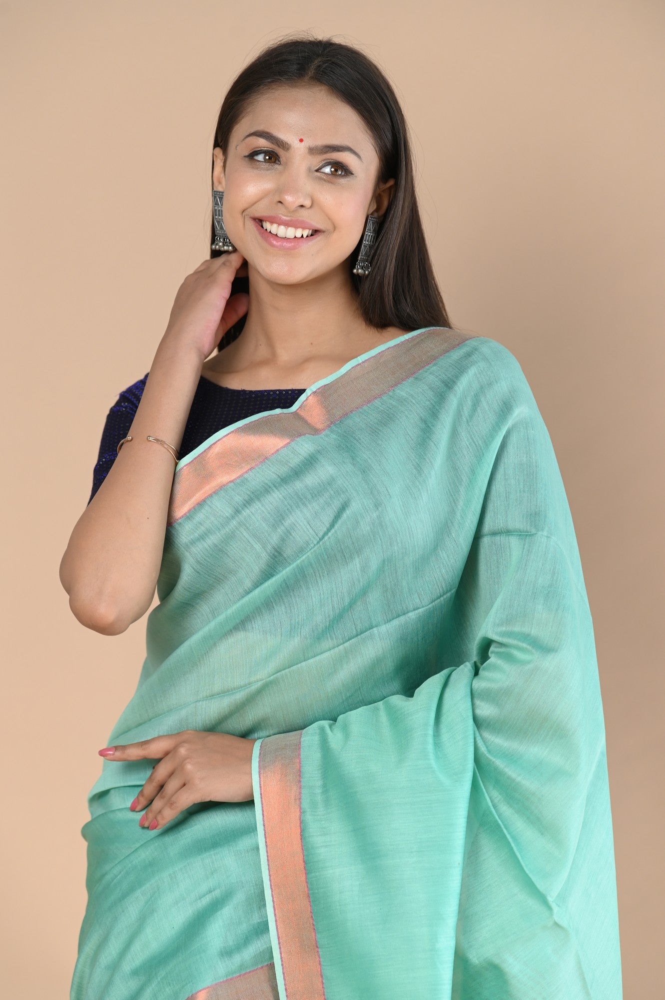 Very Much Indian Handloom Cotton Silk Saree With Sleek Golden Border - teal green | Swadesiicart