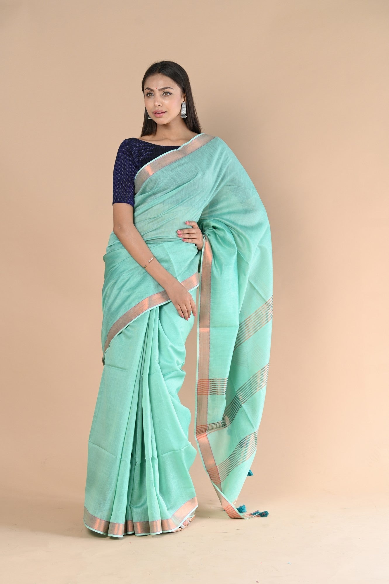 Very Much Indian Handloom Cotton Silk Saree With Sleek Golden Border - teal green | Swadesiicart