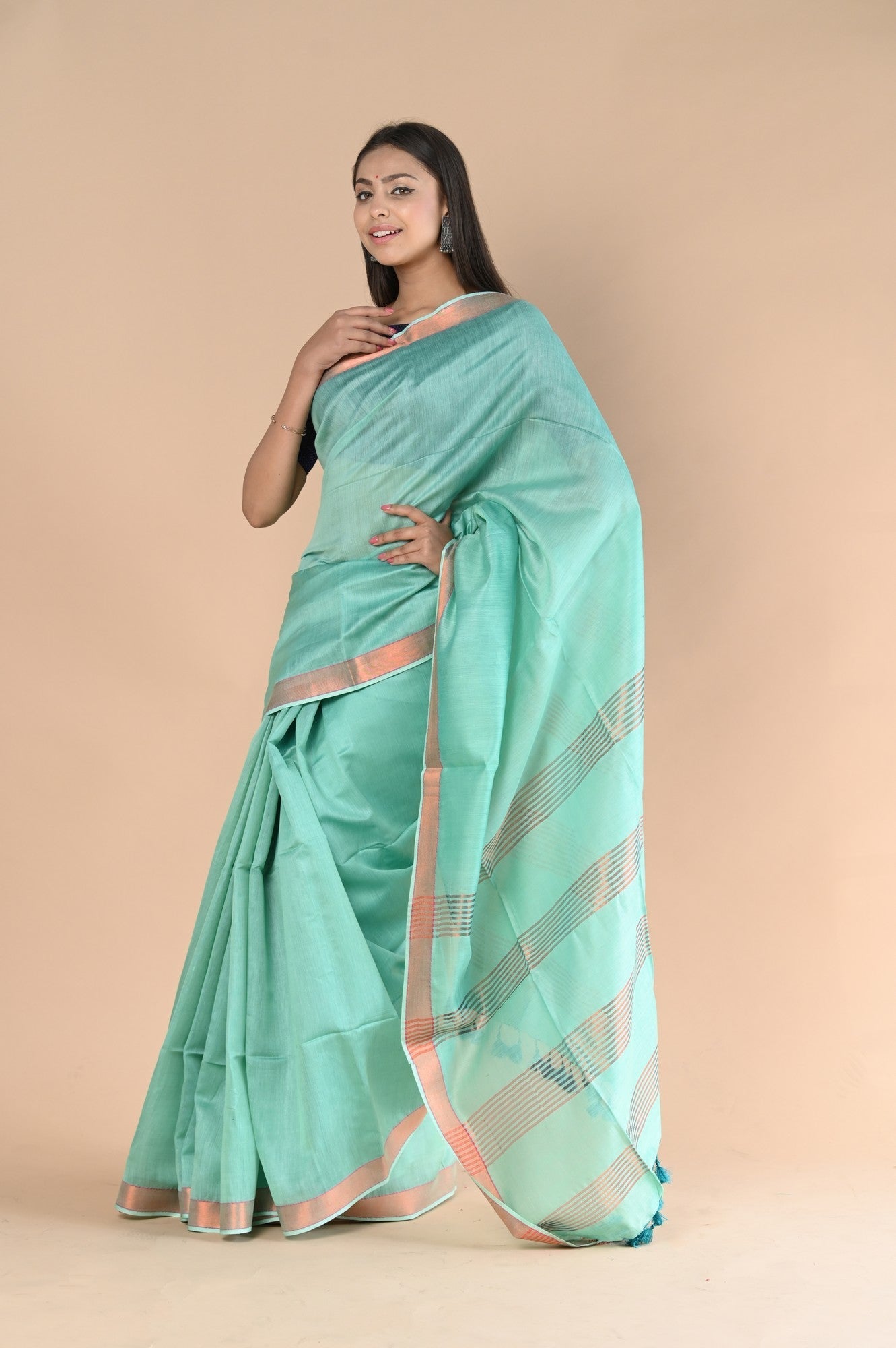 Very Much Indian Handloom Cotton Silk Saree With Sleek Golden Border - teal green | Swadesiicart