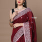 Very Much Indian Rajsi - Handloom Pure Cotton Saree with Hand-embroidered Symmetric Border - Maroon | Swadesiicart