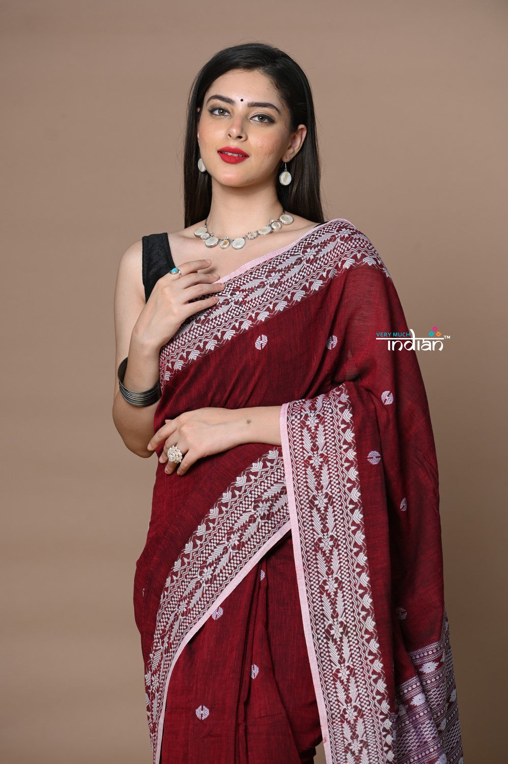 Very Much Indian Rajsi - Handloom Pure Cotton Saree with Hand-embroidered Symmetric Border - Maroon | Swadesiicart