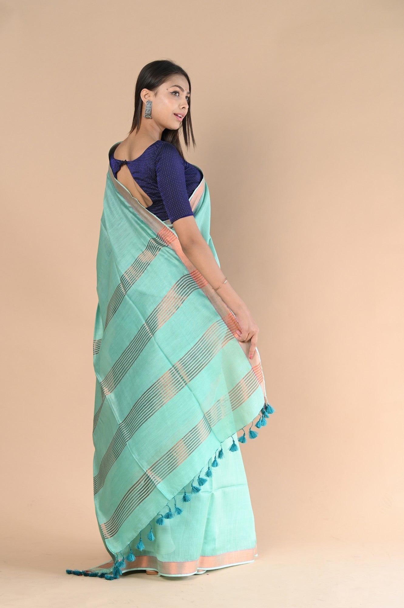 Very Much Indian Handloom Cotton Silk Saree With Sleek Golden Border - teal green | Swadesiicart