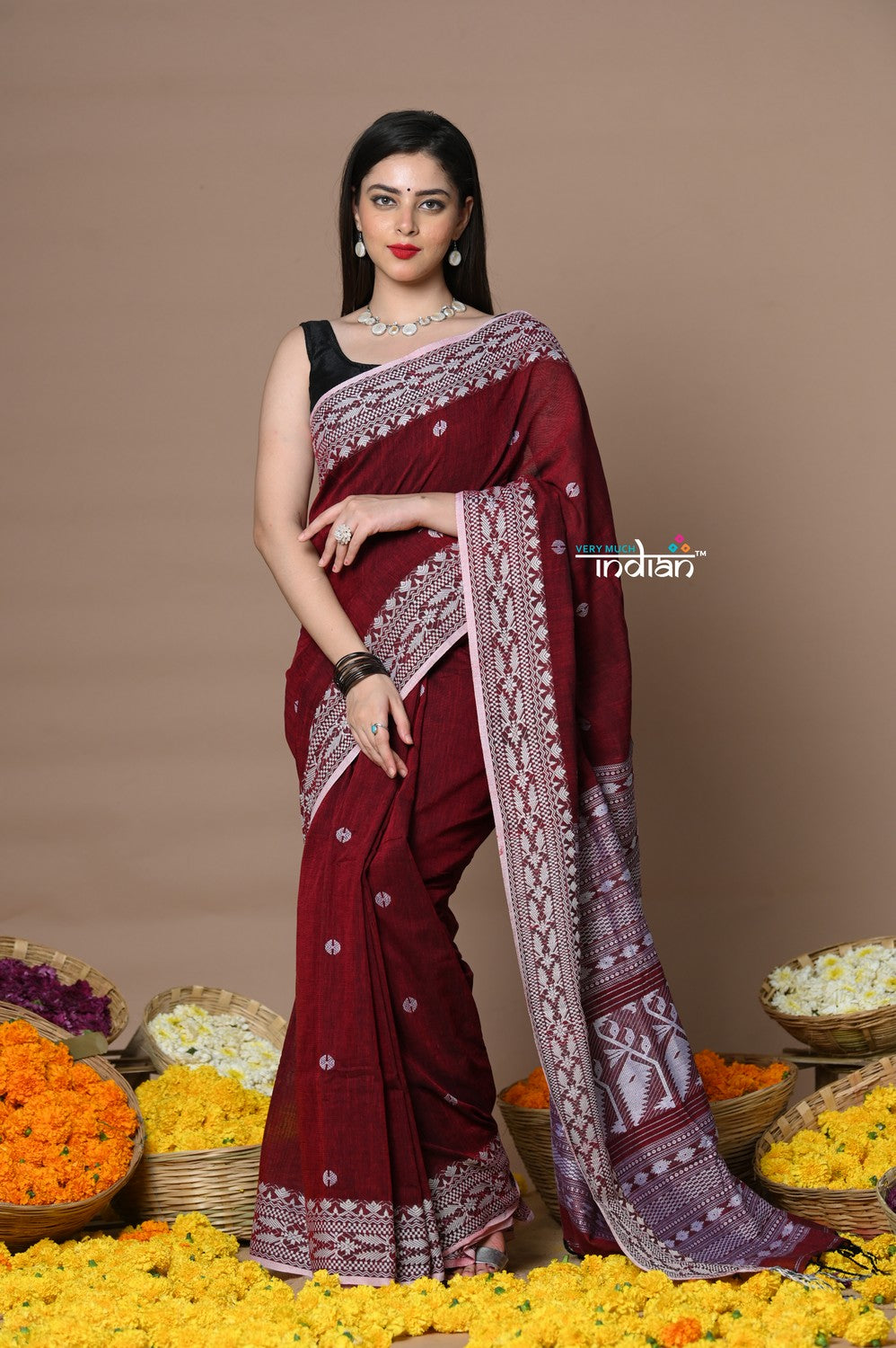 Very Much Indian Rajsi - Handloom Pure Cotton Saree with Hand-embroidered Symmetric Border - Maroon | Swadesiicart