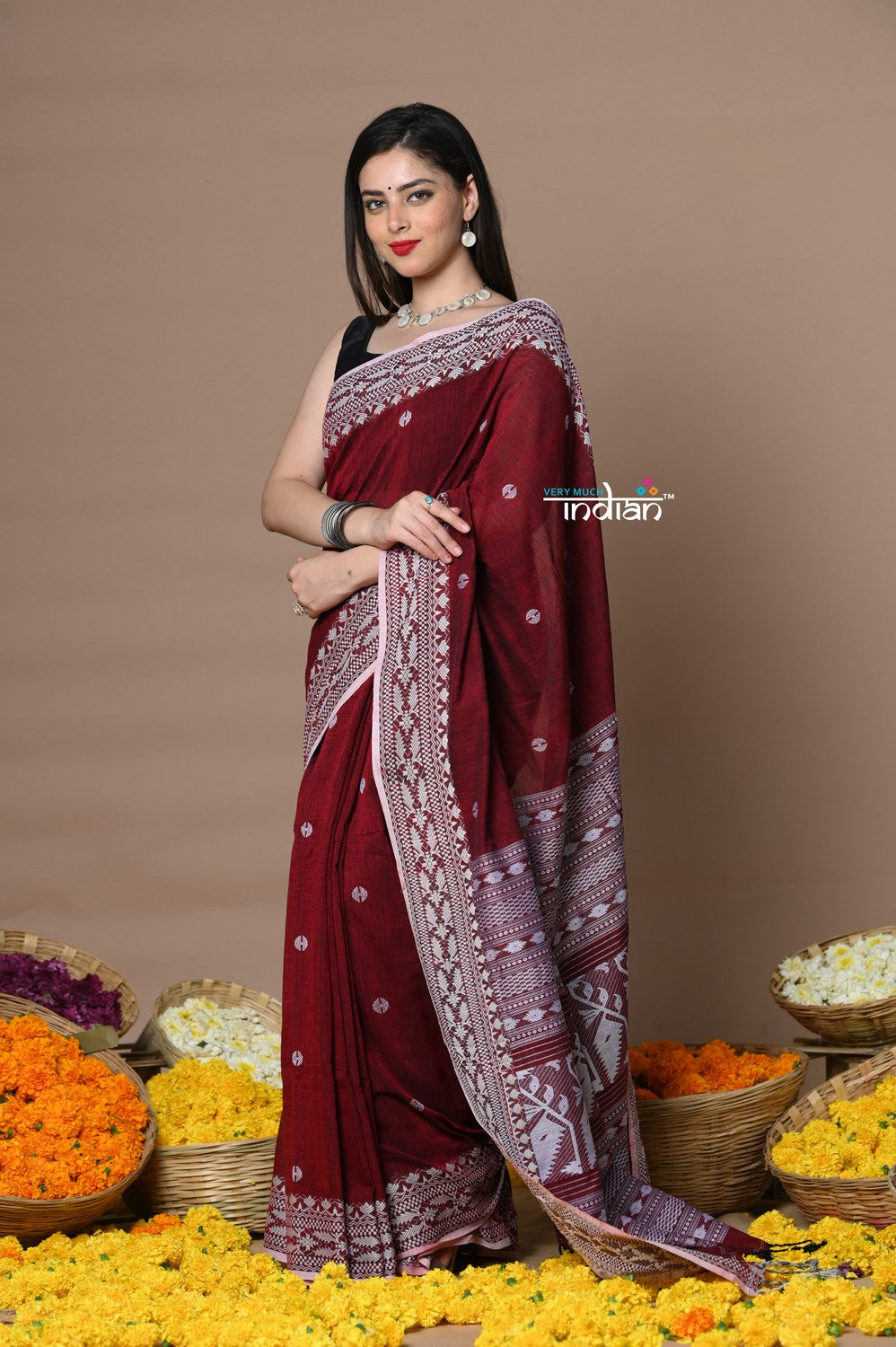 Very Much Indian Rajsi - Handloom Pure Cotton Saree with Hand-embroidered Symmetric Border - Maroon | Swadesiicart
