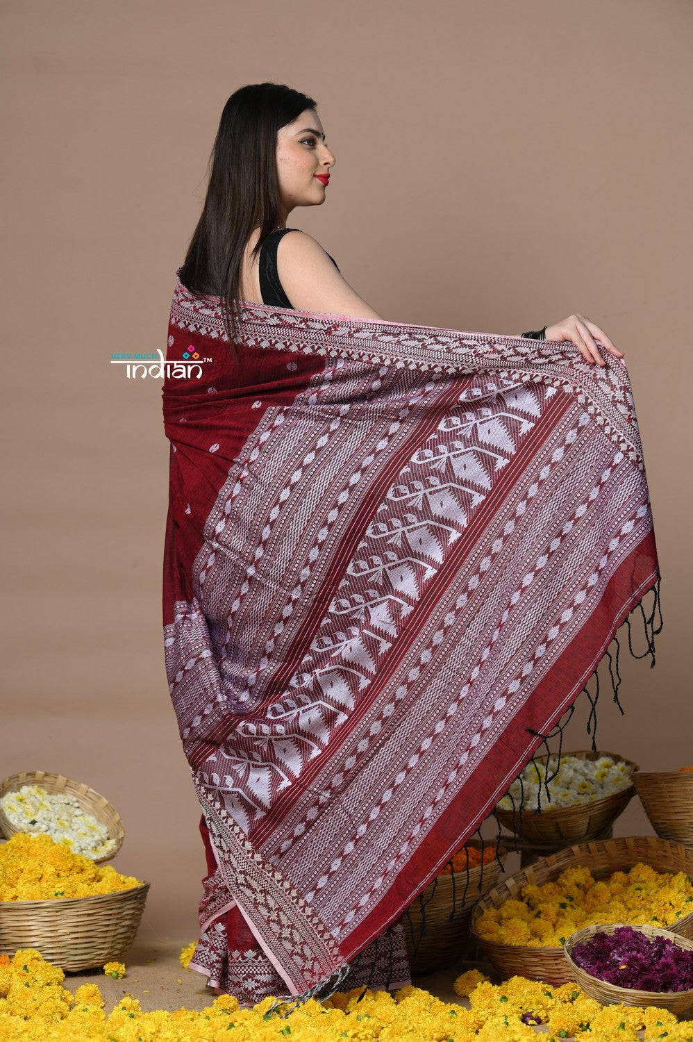 Very Much Indian Rajsi - Handloom Pure Cotton Saree with Hand-embroidered Symmetric Border - Maroon | Swadesiicart