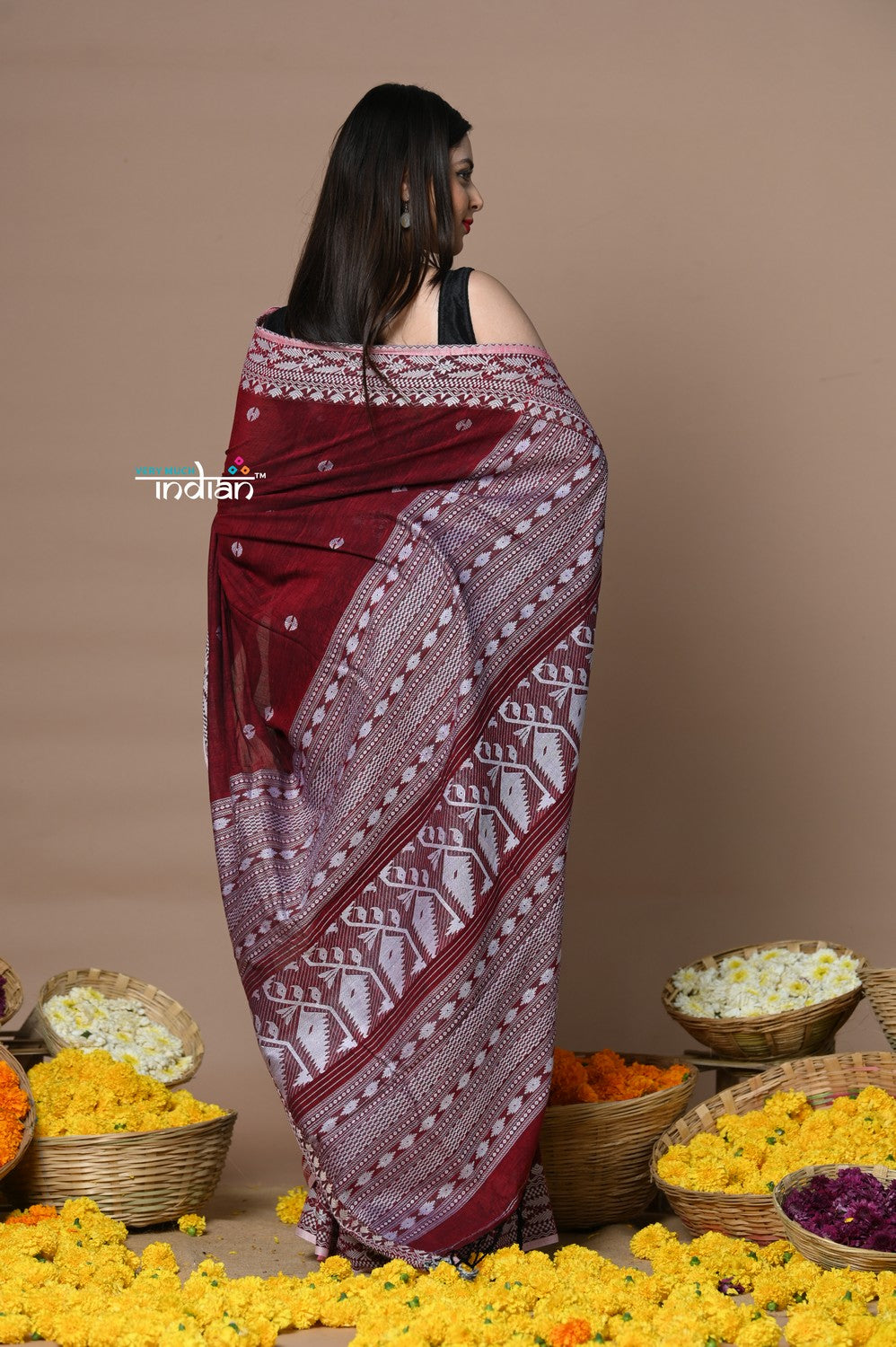 Very Much Indian Rajsi - Handloom Pure Cotton Saree with Hand-embroidered Symmetric Border - Maroon | Swadesiicart