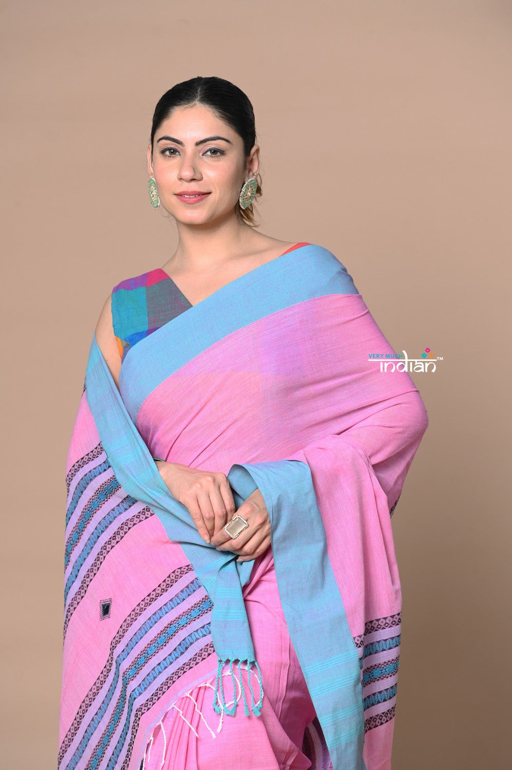 Very Much Indian Rajsi - Handloom Pure Cotton Saree with Classic Border and Pallu - Pink | Swadesiicart
