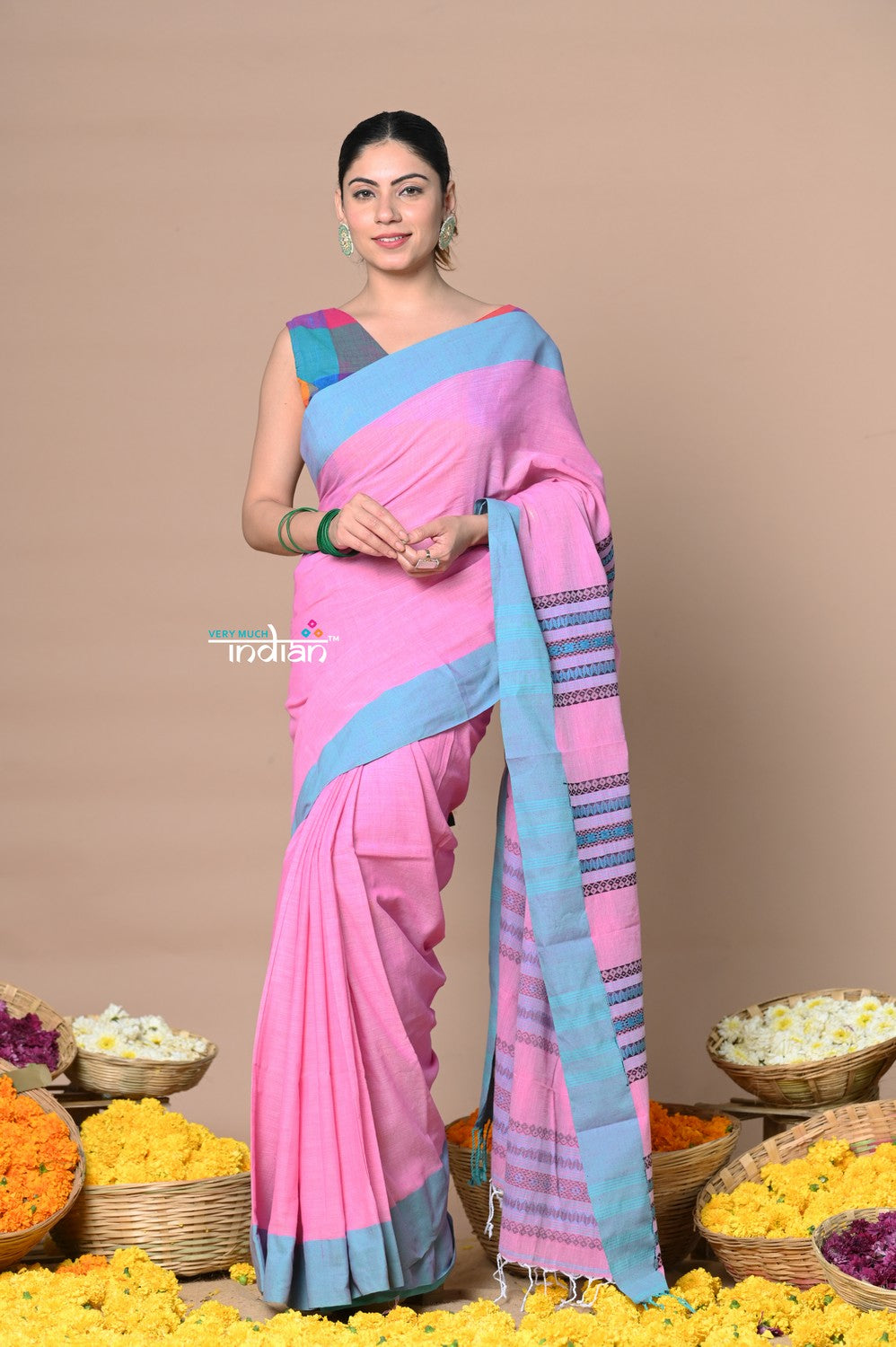 Very Much Indian Rajsi - Handloom Pure Cotton Saree with Classic Border and Pallu - Pink | Swadesiicart