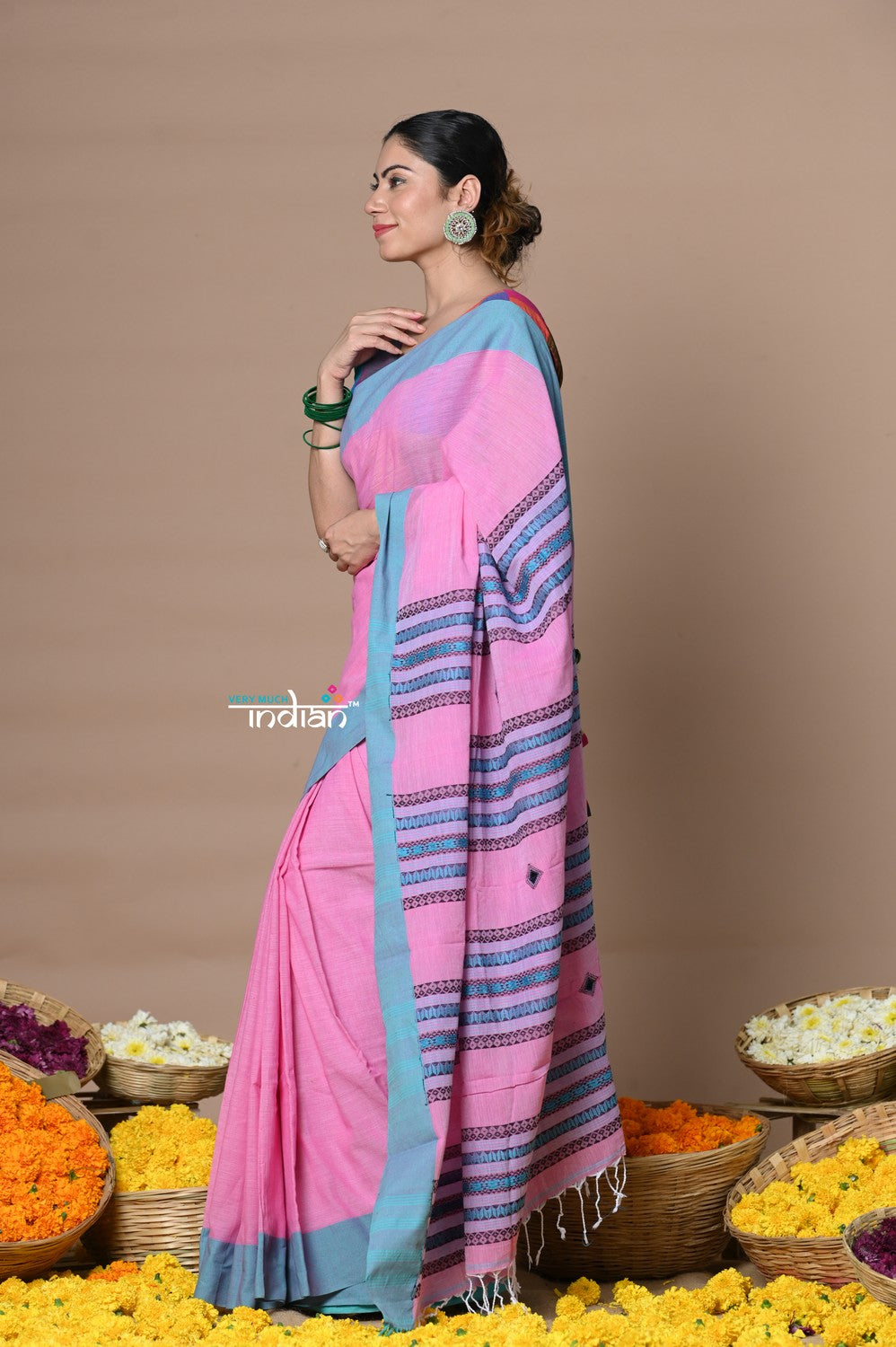Very Much Indian Rajsi - Handloom Pure Cotton Saree with Classic Border and Pallu - Pink | Swadesiicart