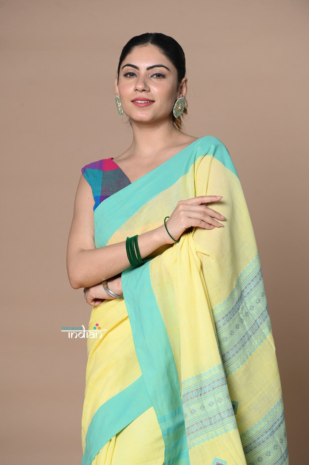 Very Much Indian Rajsi - Handloom Pure Cotton Saree with Classic Border and Pallu - Yellow | Swadesiicart