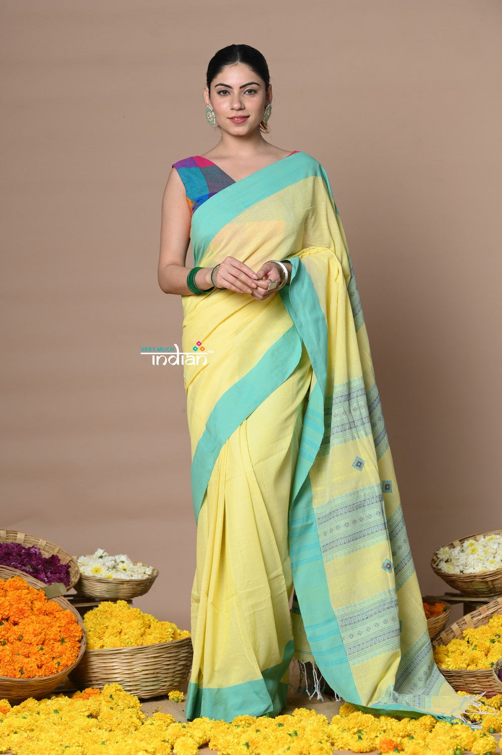Very Much Indian Rajsi - Handloom Pure Cotton Saree with Classic Border and Pallu - Yellow | Swadesiicart