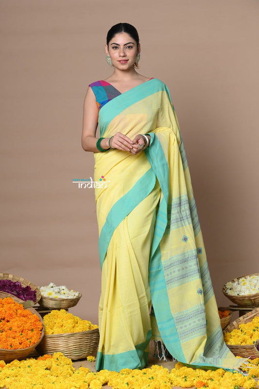 Very Much Indian Rajsi - Handloom Pure Cotton Saree with Classic Border and Pallu - Yellow | Swadesiicart