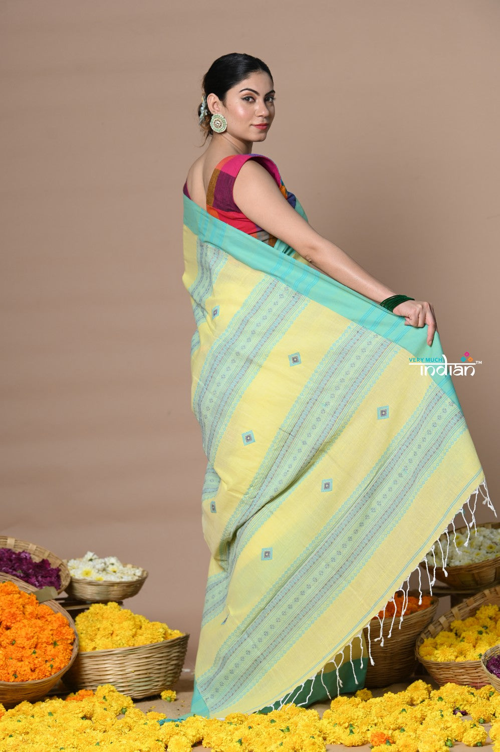 Very Much Indian Rajsi - Handloom Pure Cotton Saree with Classic Border and Pallu - Yellow | Swadesiicart