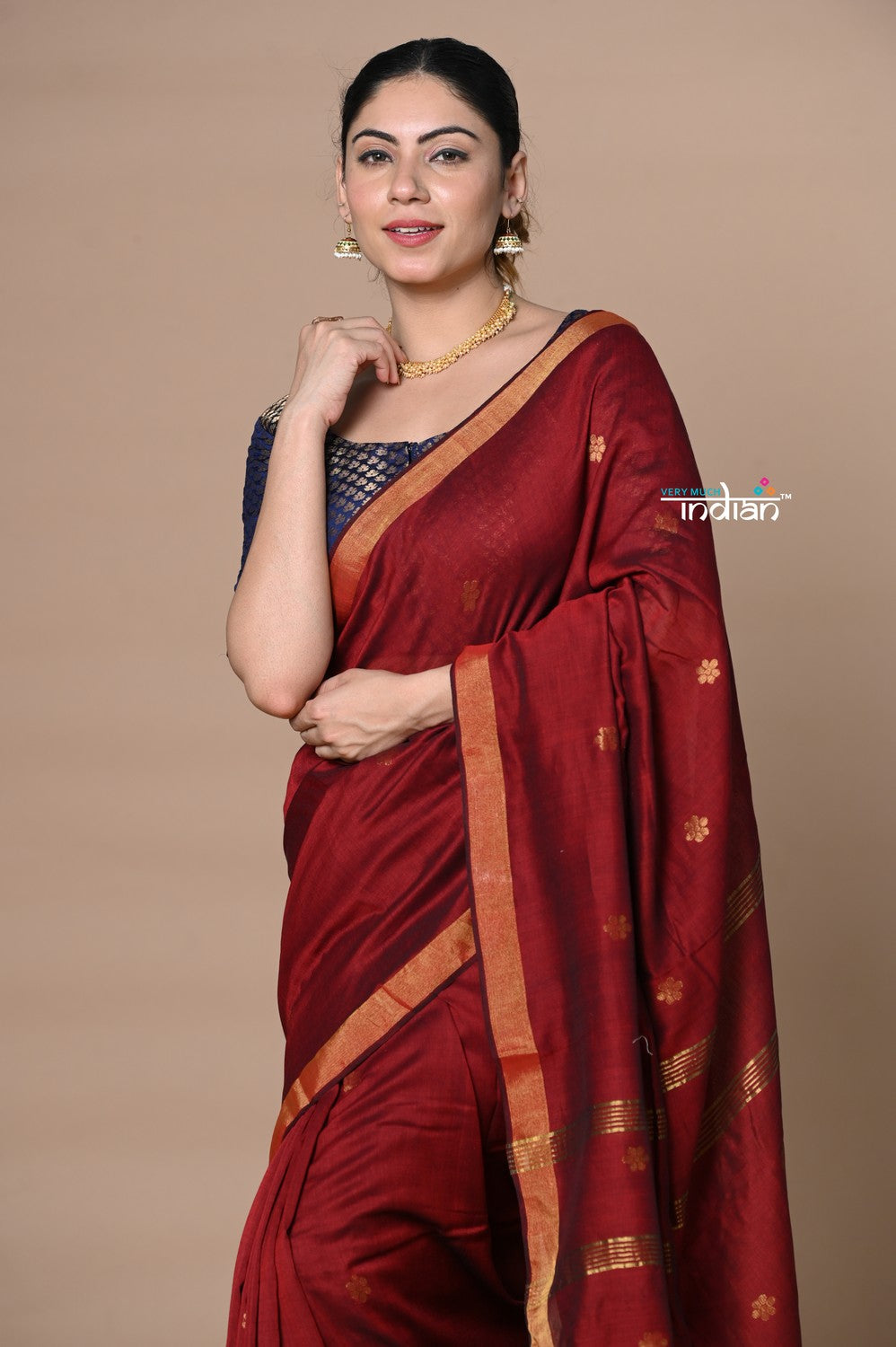 Very Much Indian Designed by VMI - High Quality Mul Cotton Handloom Woven with Sleek Border and Flower Buttis - Maroon | Swadesiicart