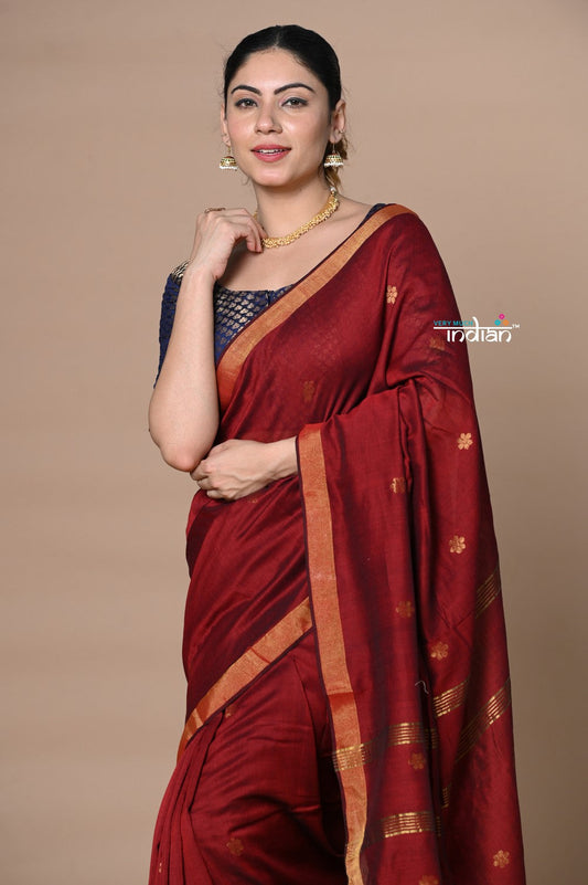 Very Much Indian Designed by VMI - High Quality Mul Cotton Handloom Woven with Sleek Border and Flower Buttis - Maroon | Swadesiicart