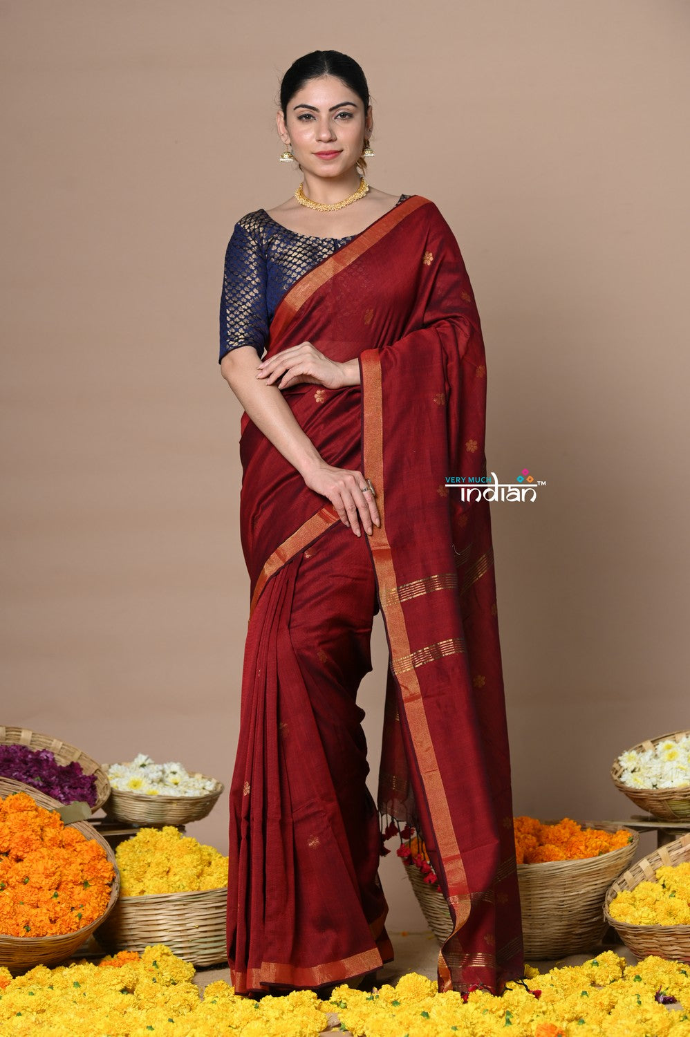 Very Much Indian Designed by VMI - High Quality Mul Cotton Handloom Woven with Sleek Border and Flower Buttis - Maroon | Swadesiicart