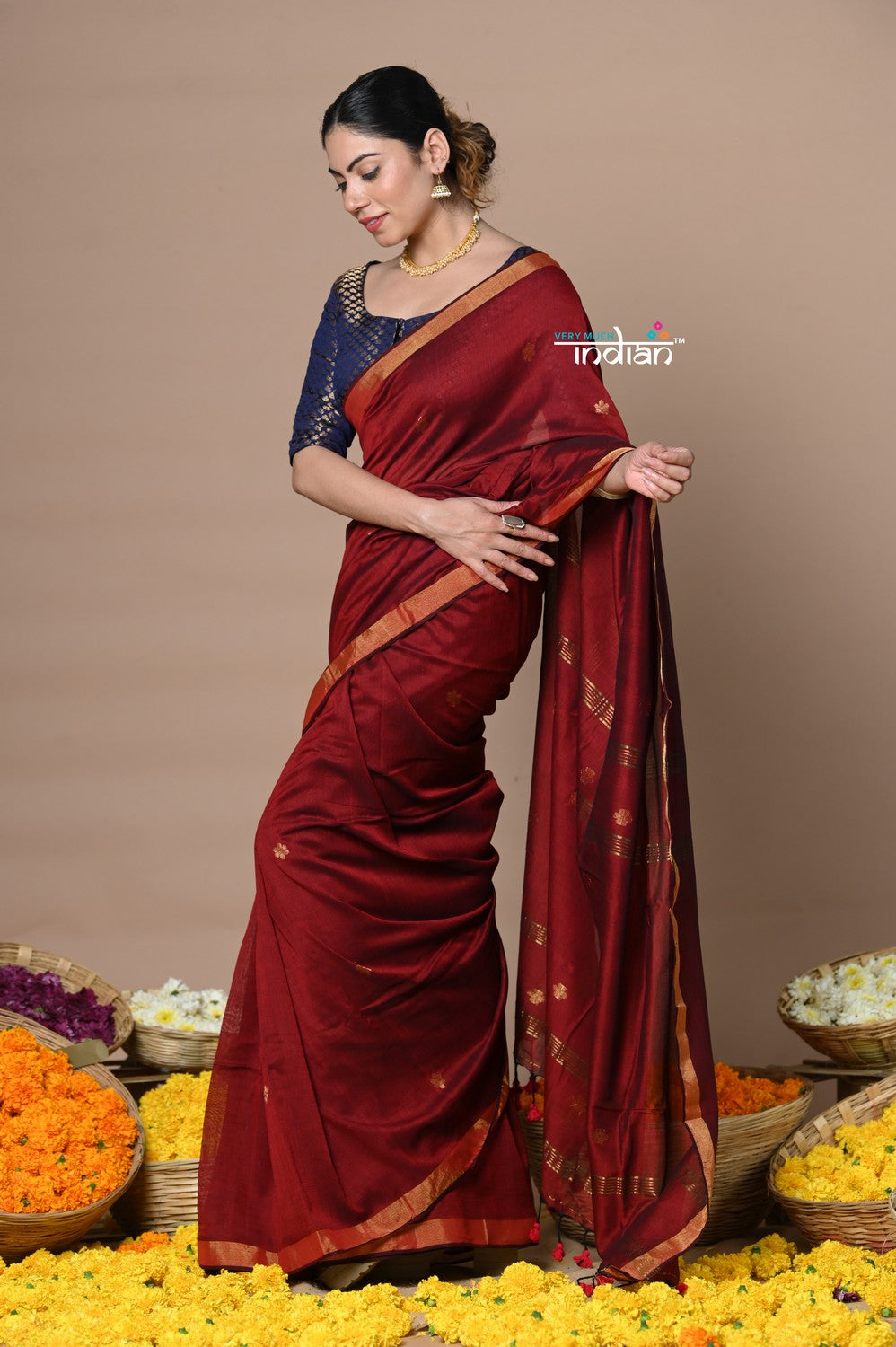 Very Much Indian Designed by VMI - High Quality Mul Cotton Handloom Woven with Sleek Border and Flower Buttis - Maroon | Swadesiicart