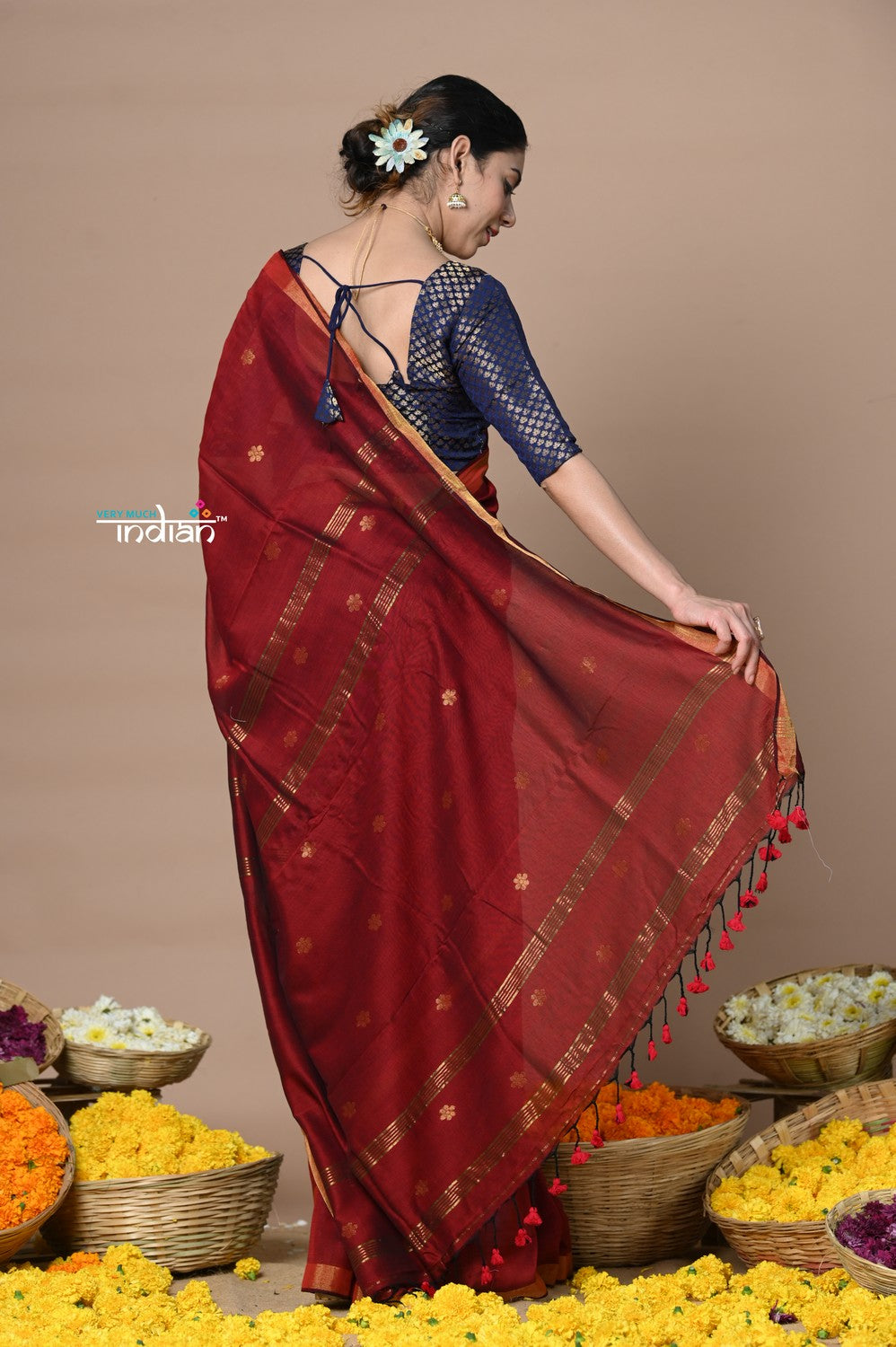 Very Much Indian Designed by VMI - High Quality Mul Cotton Handloom Woven with Sleek Border and Flower Buttis - Maroon | Swadesiicart