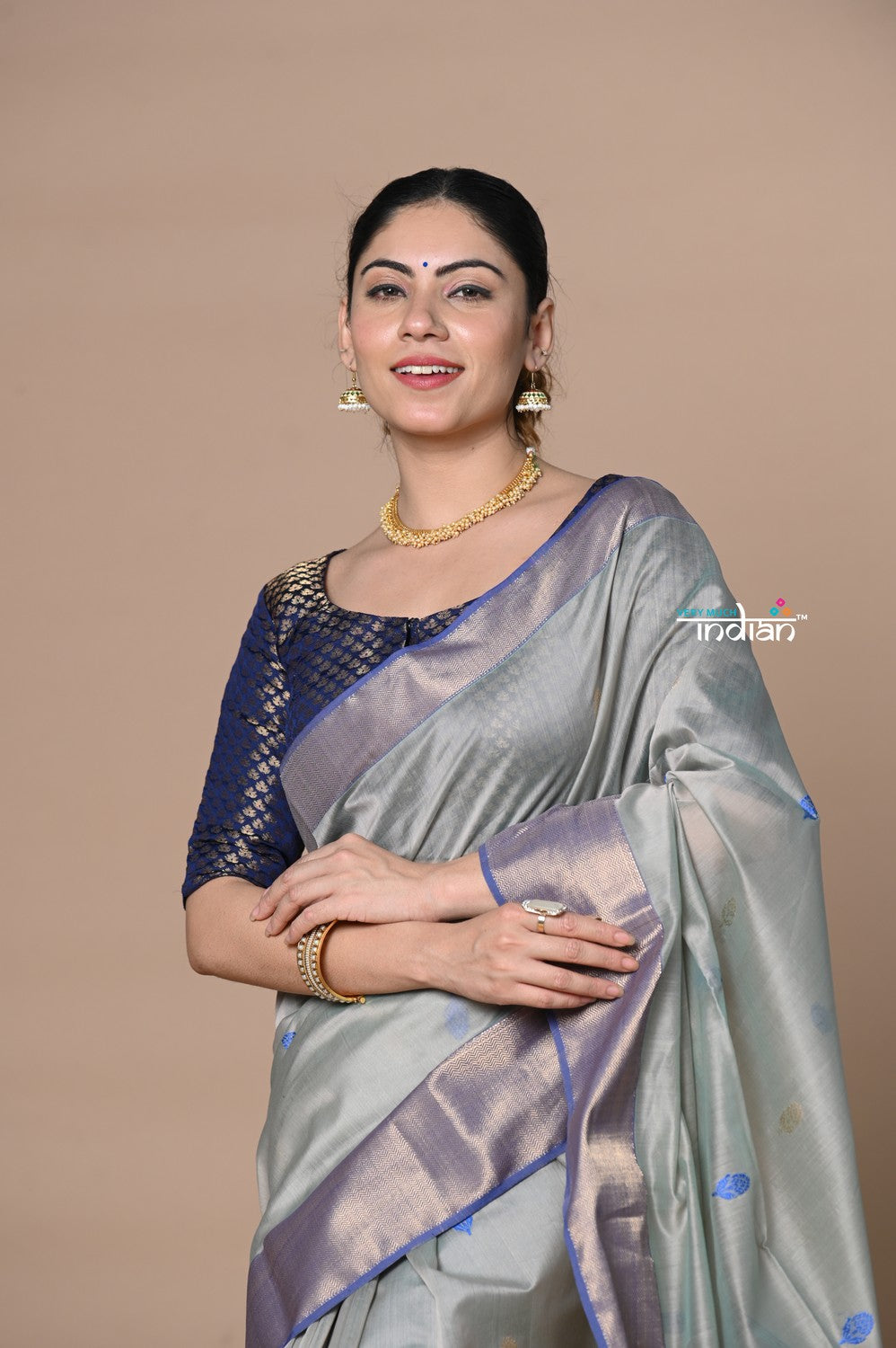 Very Much Indian Rajsi - Handloom Cotton Silk Saree with Golden Border - Grey | Swadesiicart