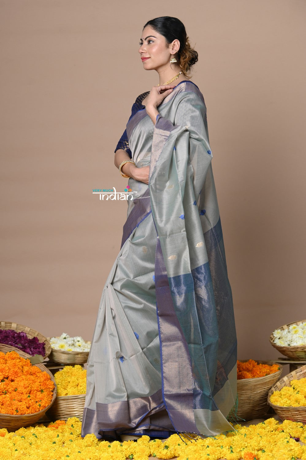 Very Much Indian Rajsi - Handloom Cotton Silk Saree with Golden Border - Grey | Swadesiicart