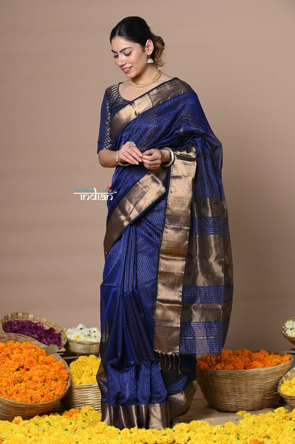 Very Much Indian Rajsi - Handloom Ari Checks Cotton Silk Saree with Golden Border - Dark Blue | Swadesiicart