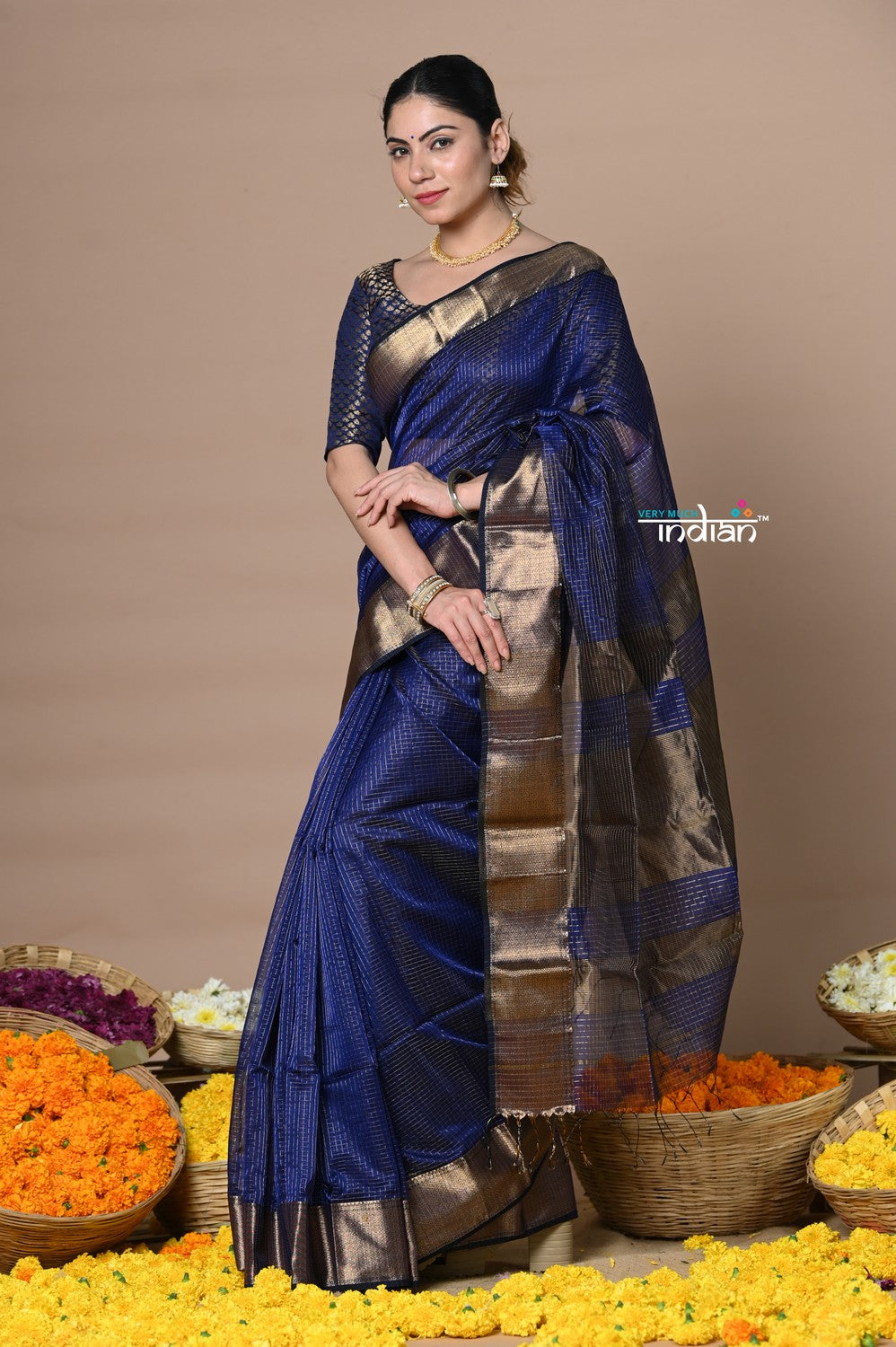 Very Much Indian Rajsi - Handloom Ari Checks Cotton Silk Saree with Golden Border - Dark Blue | Swadesiicart
