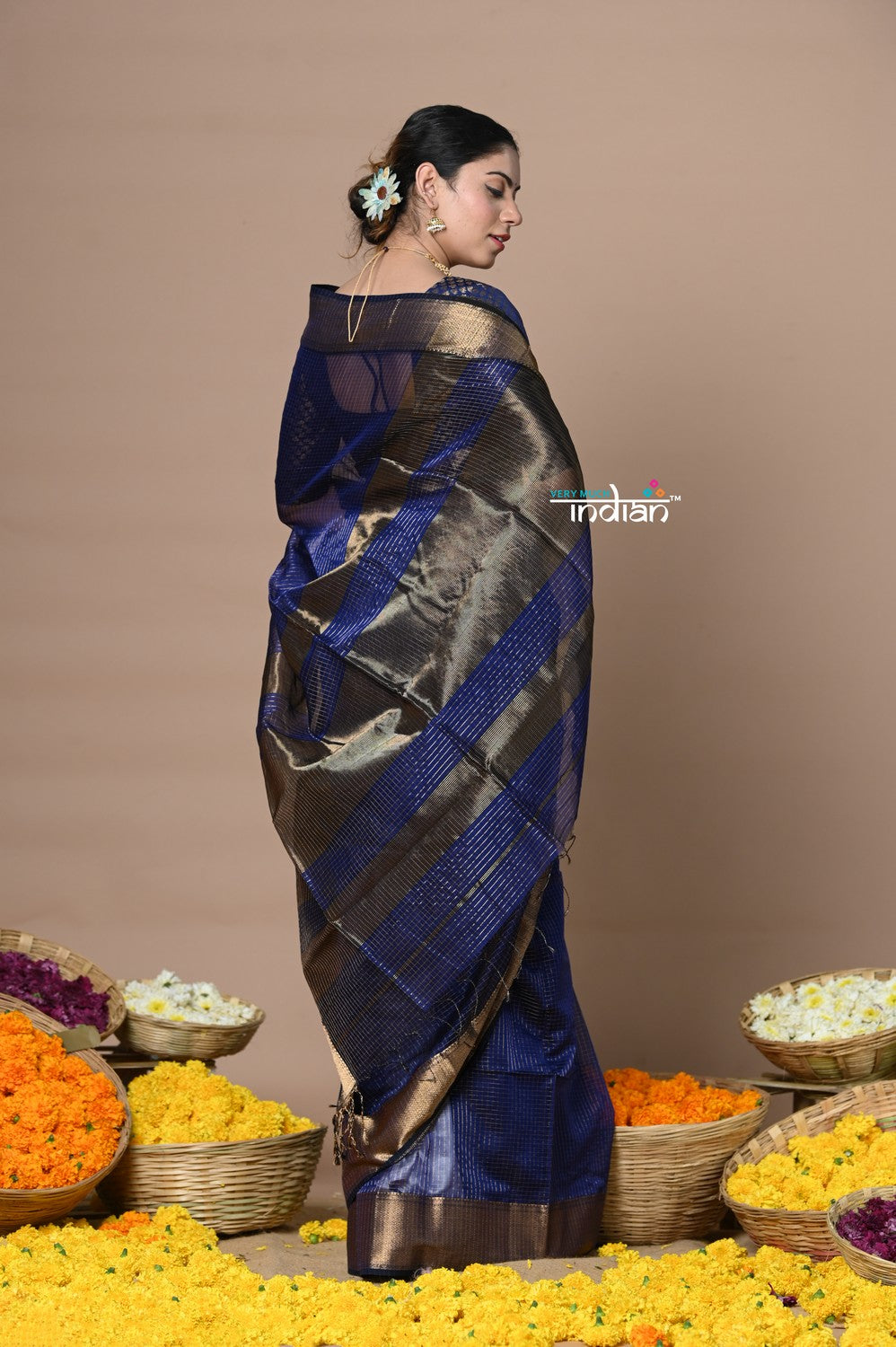 Very Much Indian Rajsi - Handloom Ari Checks Cotton Silk Saree with Golden Border - Dark Blue | Swadesiicart