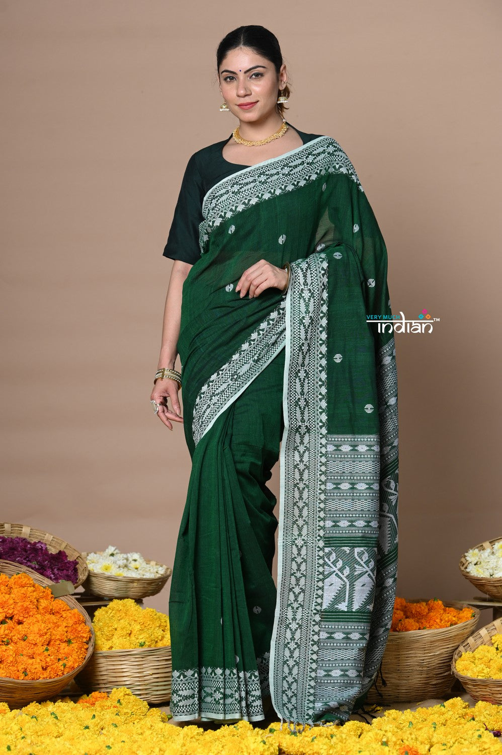 Very Much Indian Rajsi - Handloom Pure Cotton Saree with Hand-embroidered Symmetric Border - Green | Swadesiicart