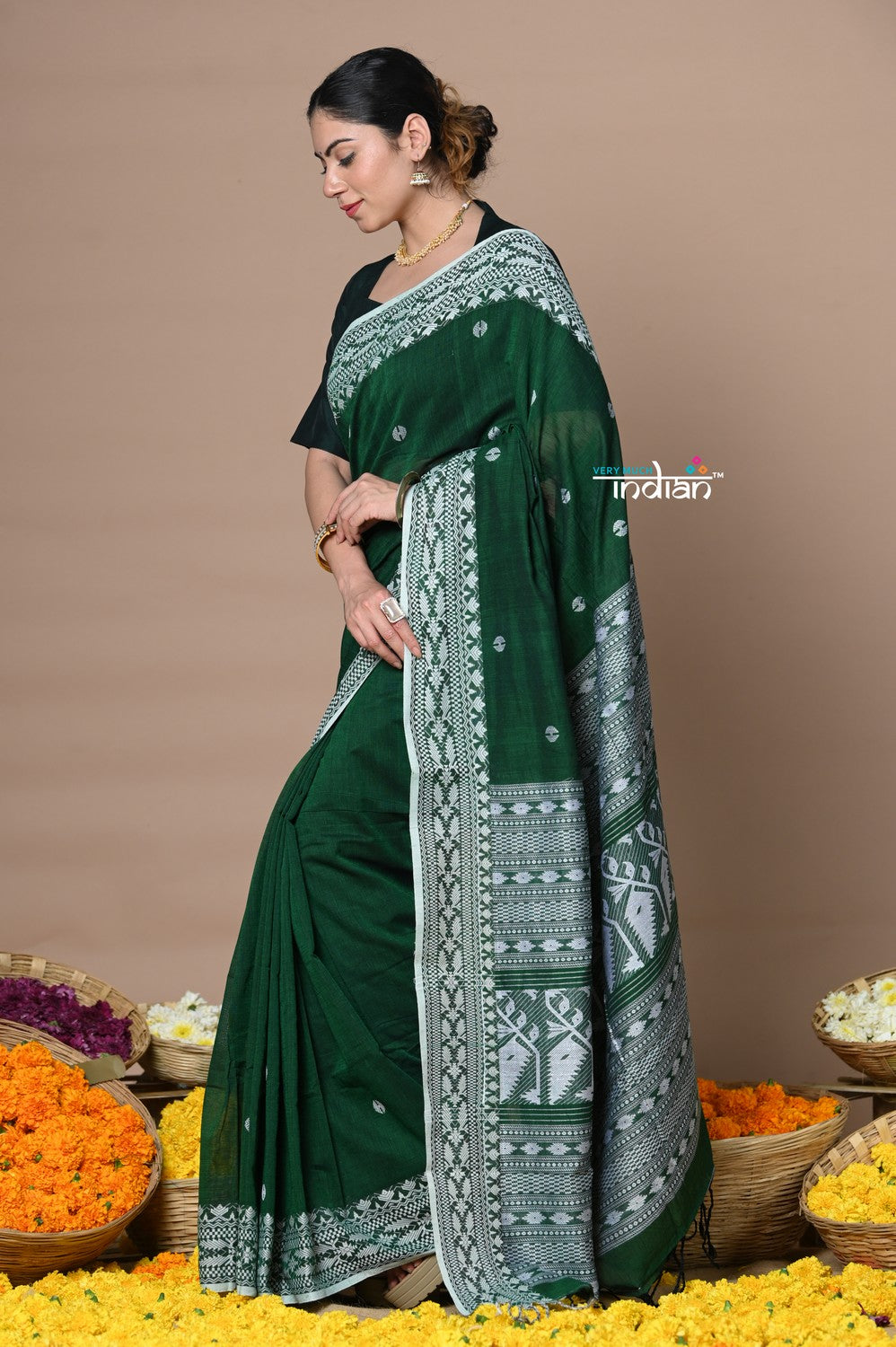 Very Much Indian Rajsi - Handloom Pure Cotton Saree with Hand-embroidered Symmetric Border - Green | Swadesiicart