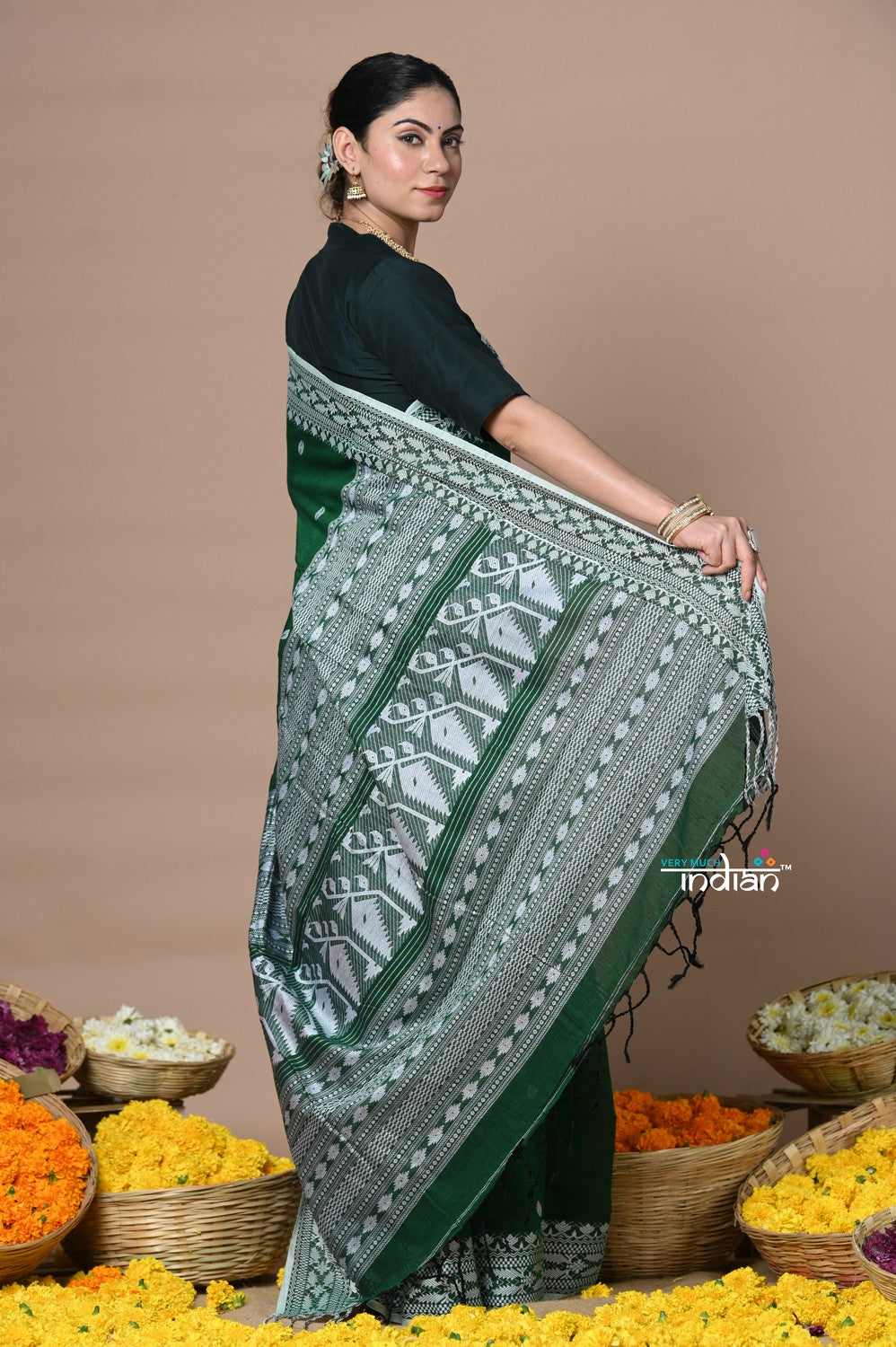 Very Much Indian Rajsi - Handloom Pure Cotton Saree with Hand-embroidered Symmetric Border - Green | Swadesiicart