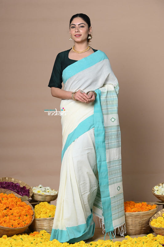 Very Much Indian Rajsi - Handloom Pure Cotton Saree with Classic Border and Pallu - White | Swadesiicart