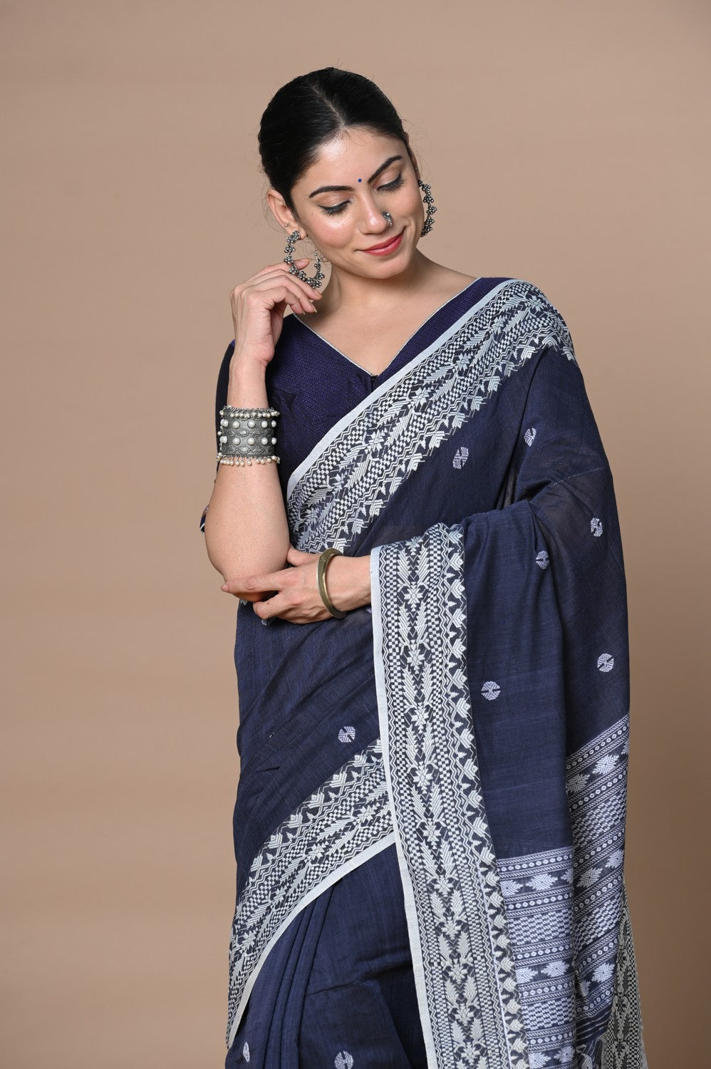 Very Much Indian Rajsi - Handloom Pure Cotton Saree with Hand-embroidered Symmetric Border - Dark Blue | Swadesiicart