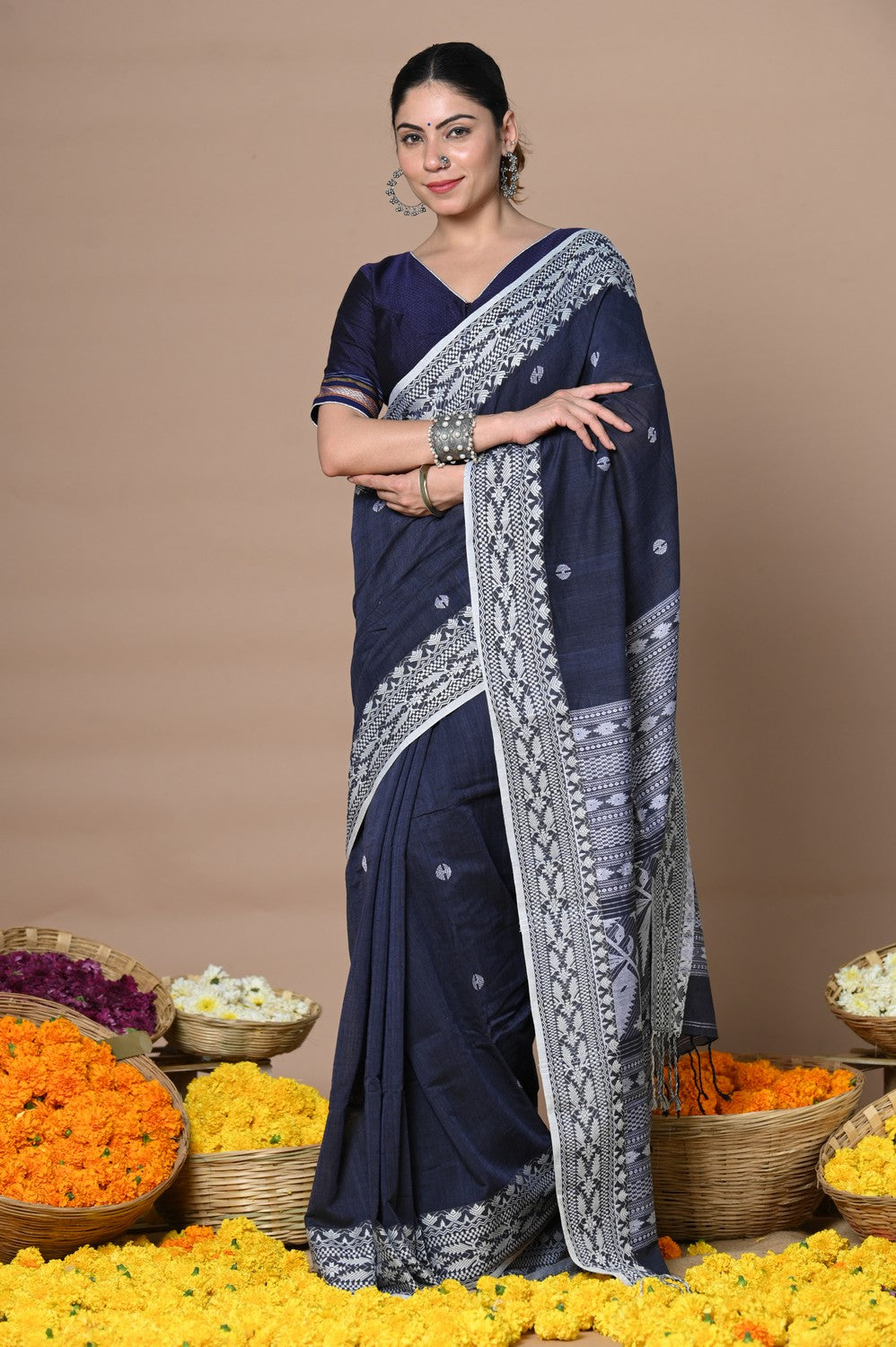 Very Much Indian Rajsi - Handloom Pure Cotton Saree with Hand-embroidered Symmetric Border - Dark Blue | Swadesiicart