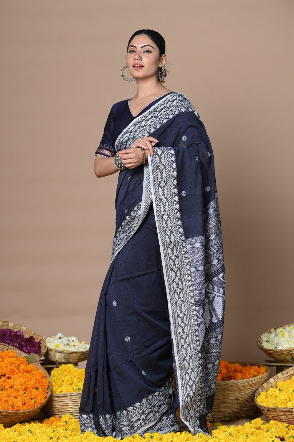 Very Much Indian Rajsi - Handloom Pure Cotton Saree with Hand-embroidered Symmetric Border - Dark Blue | Swadesiicart
