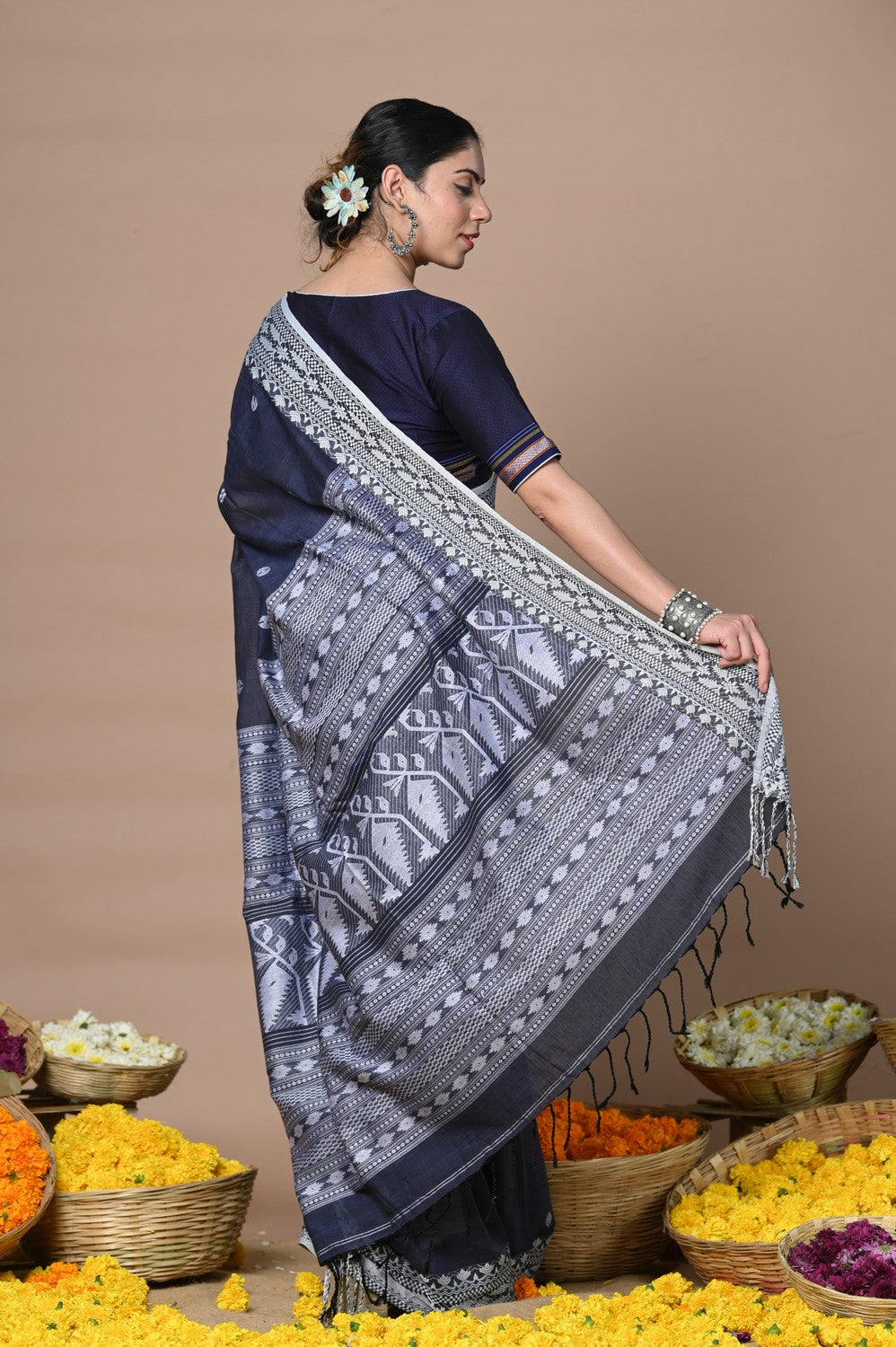 Very Much Indian Rajsi - Handloom Pure Cotton Saree with Hand-embroidered Symmetric Border - Dark Blue | Swadesiicart
