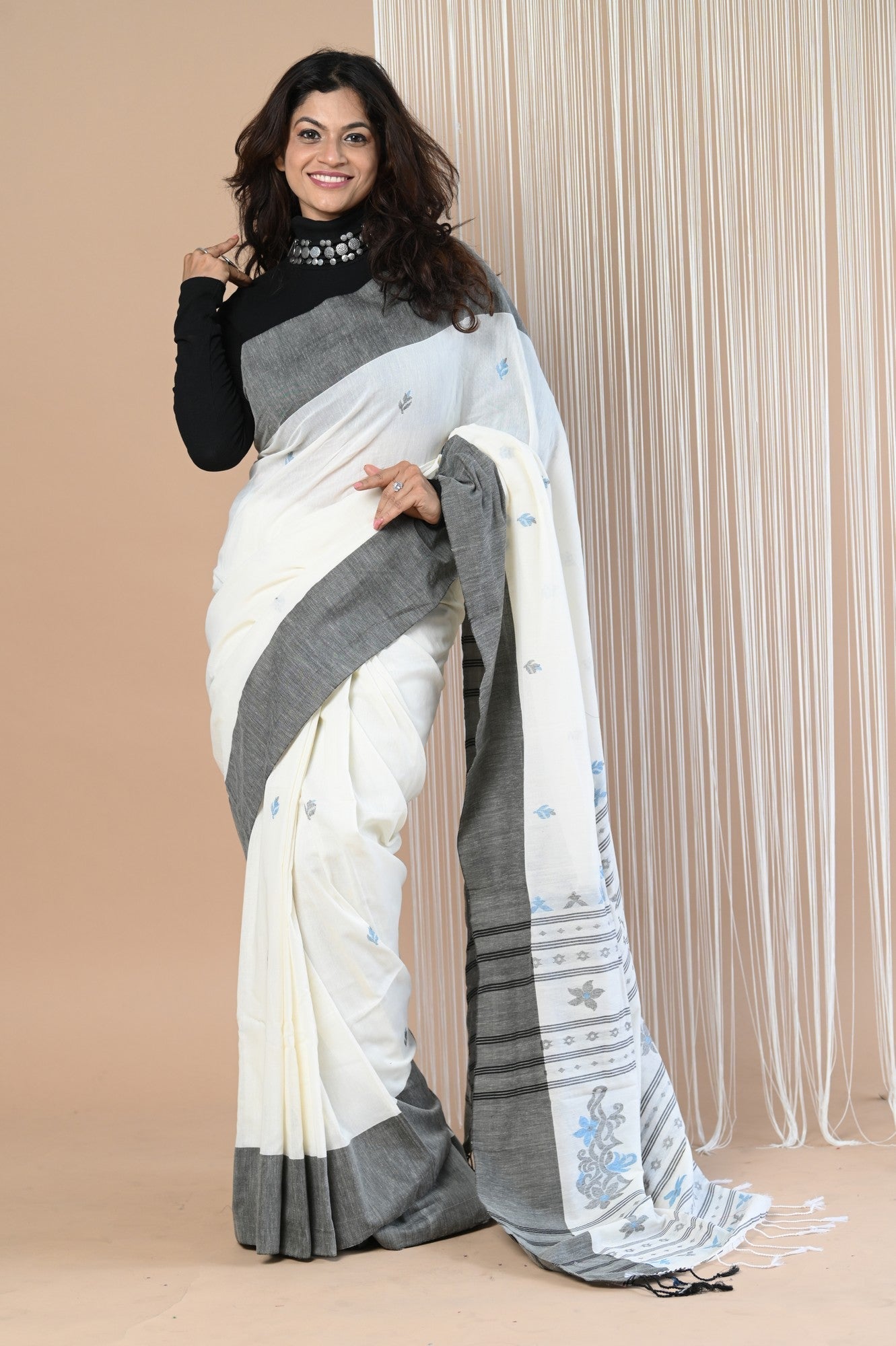 Very Much Indian Handloom Pure Cotton Saree With Handwoven Buttis | Swadesiicart