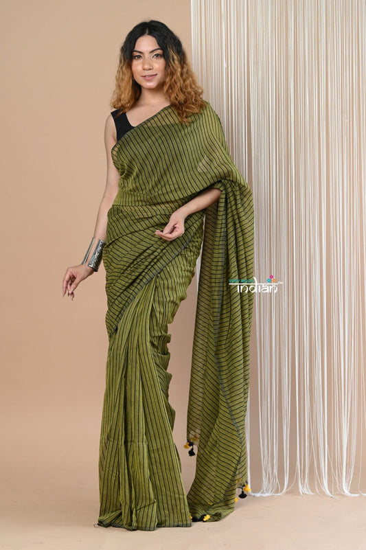 Very Much Indian Designer Pure Cotton Sarees with All over Linear Stripes - Pine Green | Swadesiicart