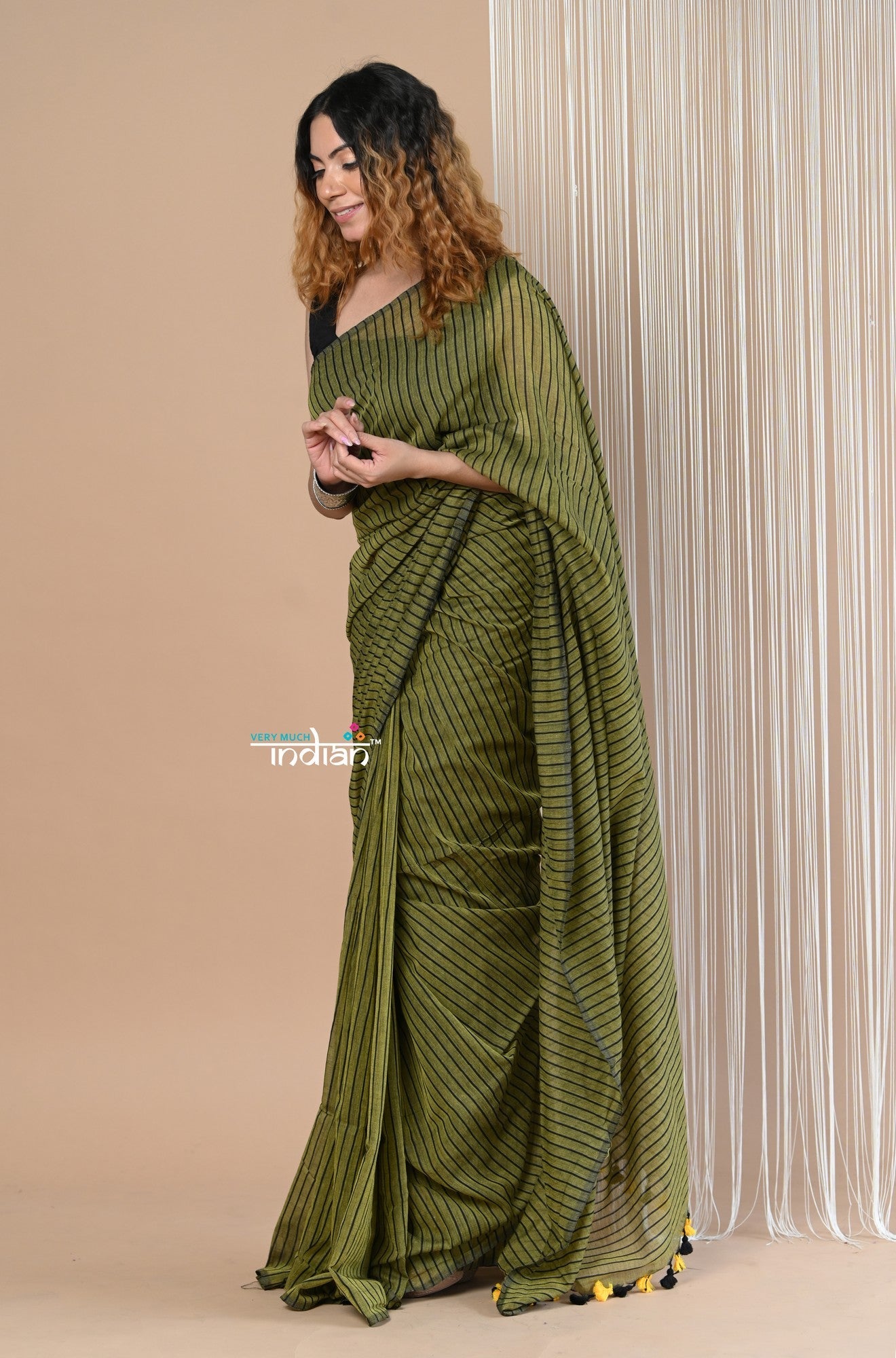 Very Much Indian Designer Pure Cotton Sarees with All over Linear Stripes - Pine Green | Swadesiicart