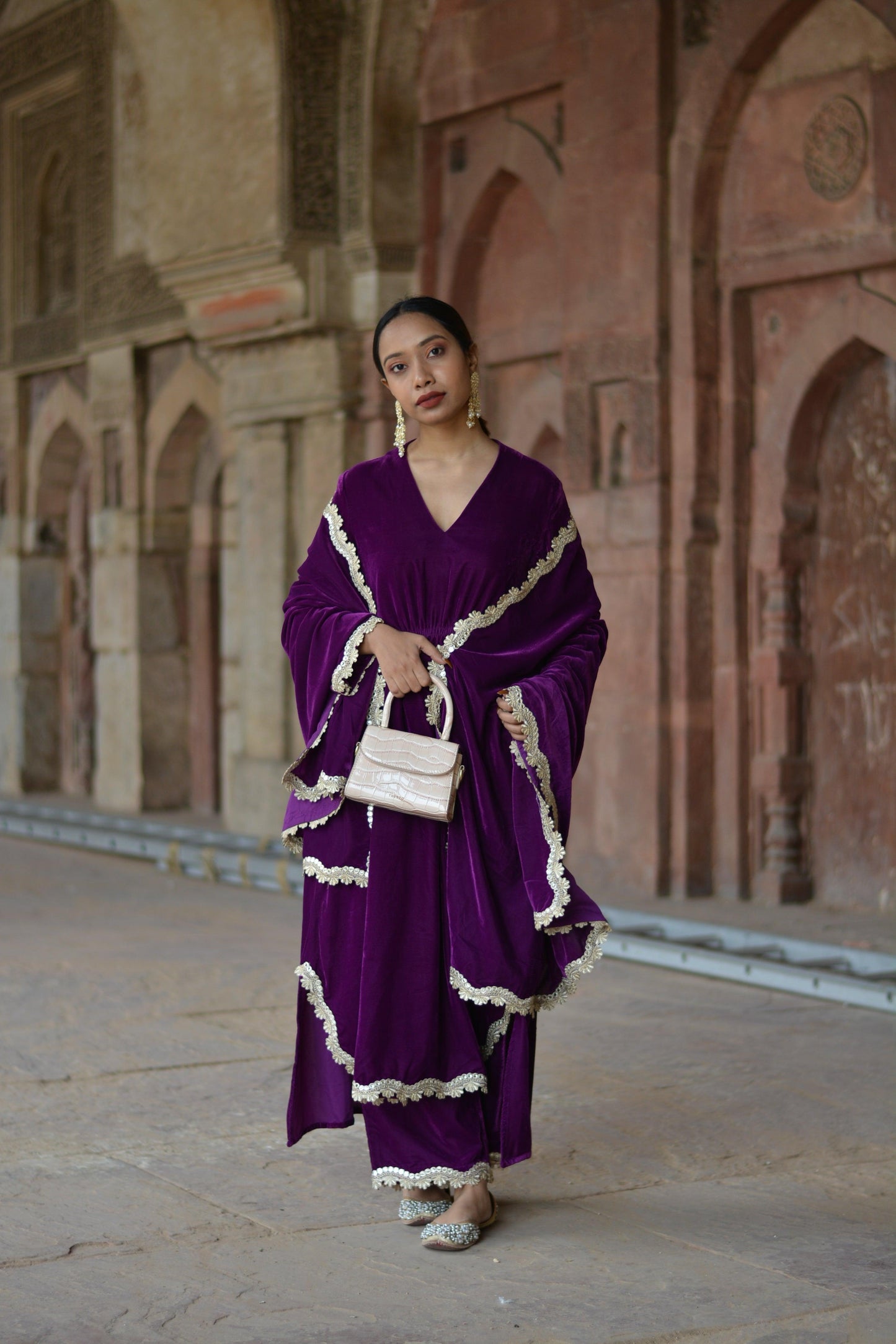 trueBrowns Wine Velvet Lace Kurta Pant Set | Relove - Swadesiicart