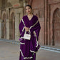 trueBrowns Wine Velvet Lace Kurta Pant Set | Swadesiicart