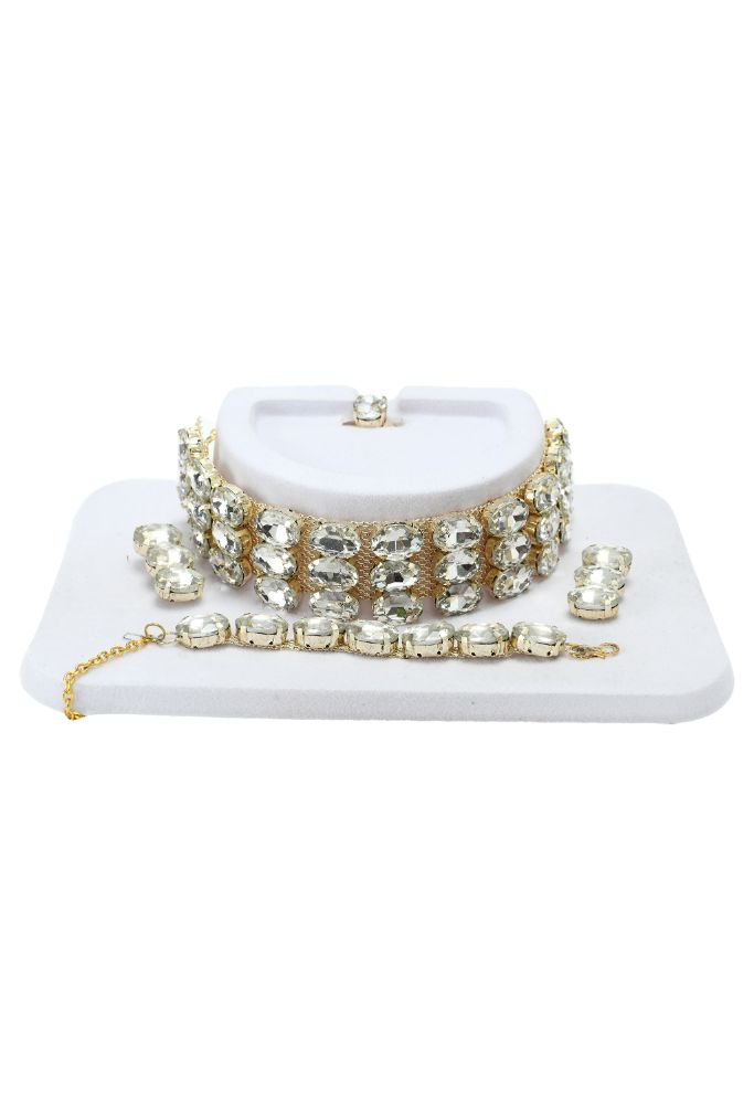 Mominos Fashion Johar Kamal Gold-Polished Finish Stone Choker For Women (White) | Swadesiicart