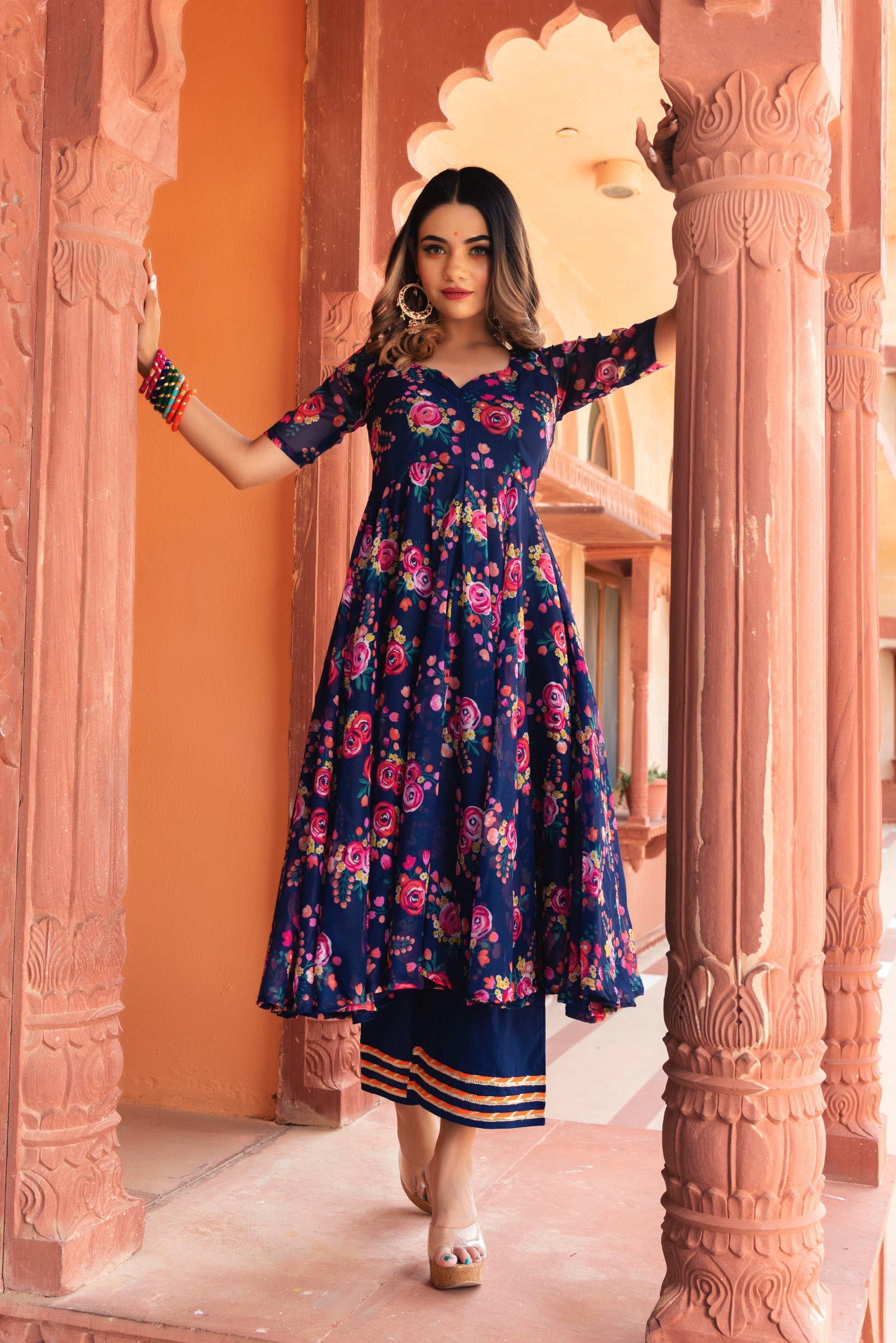 Pomcha Jaipur Manjari Organza Phool Jaal Anarkali Set | Swadesiicart