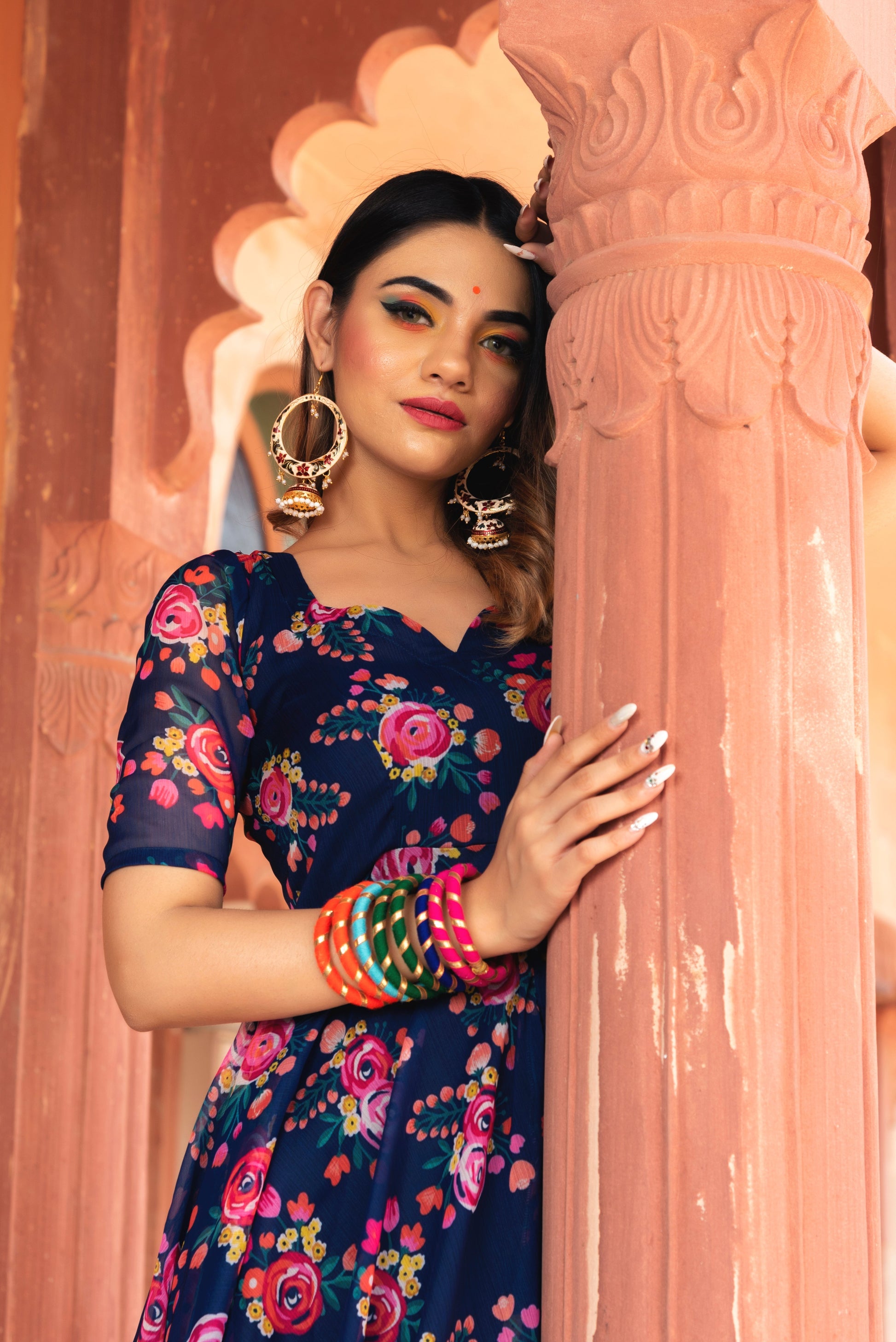 Pomcha Jaipur Manjari Organza Phool Jaal Anarkali Set | Swadesiicart