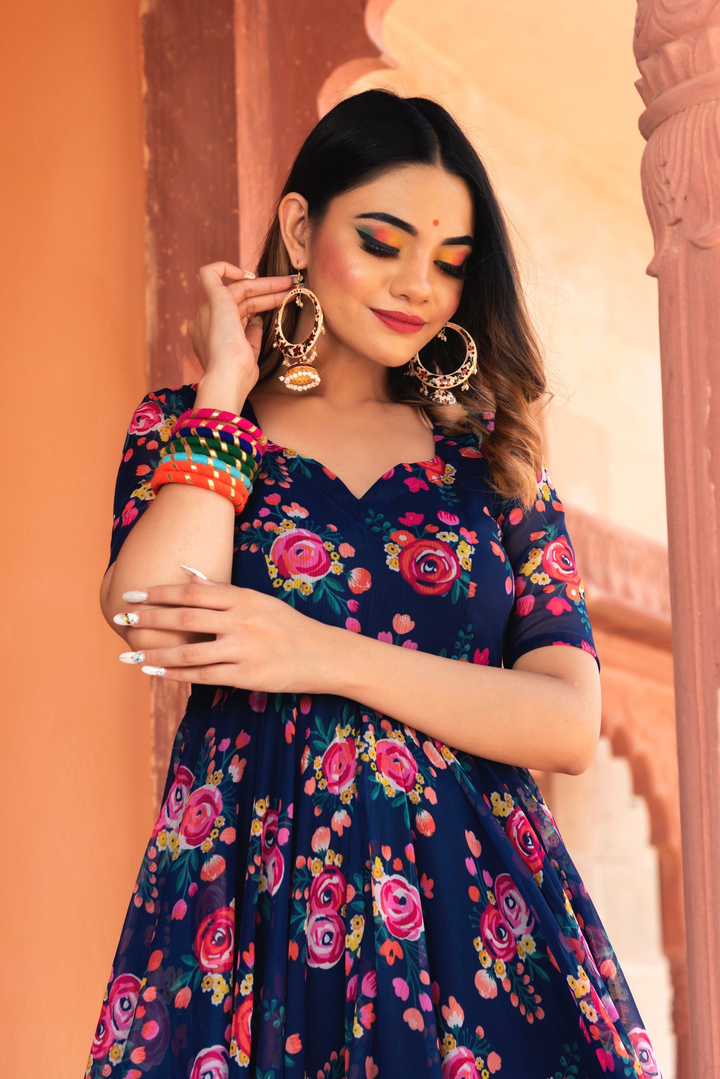 Pomcha Jaipur Manjari Organza Phool Jaal Anarkali Set | Swadesiicart