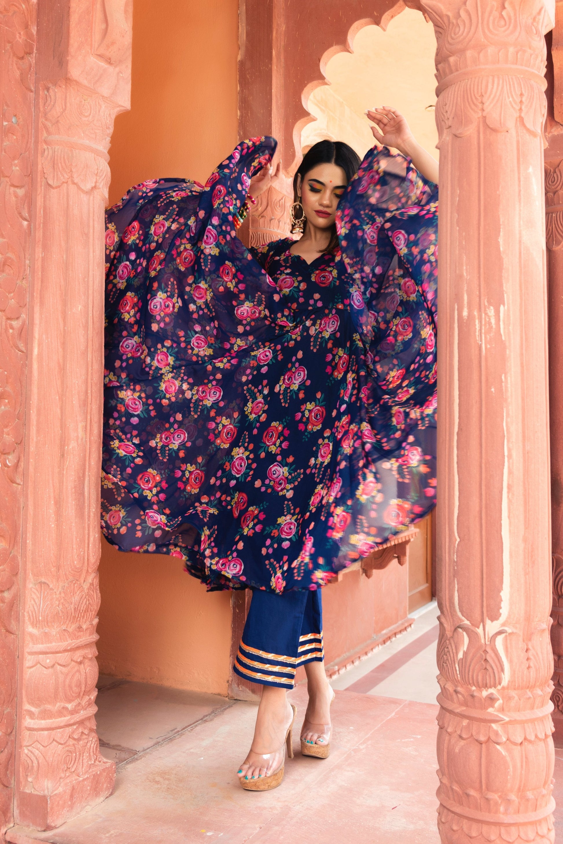 Pomcha Jaipur Manjari Organza Phool Jaal Anarkali Set | Swadesiicart