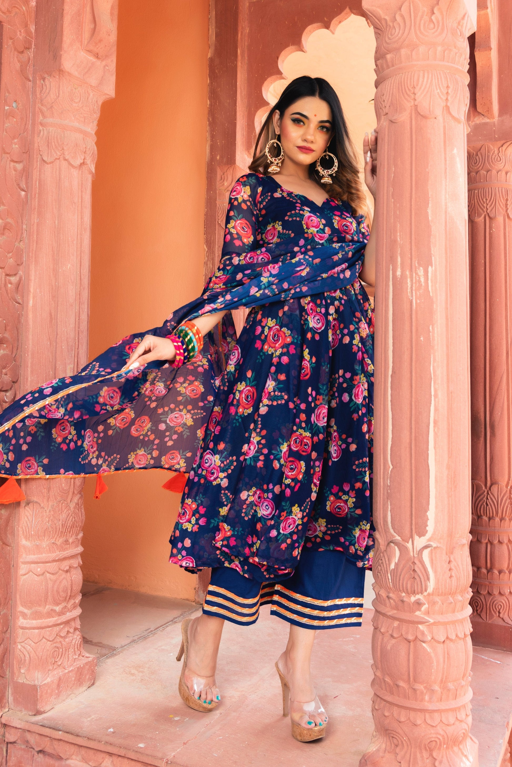 Pomcha Jaipur Manjari Organza Phool Jaal Anarkali Set | Swadesiicart